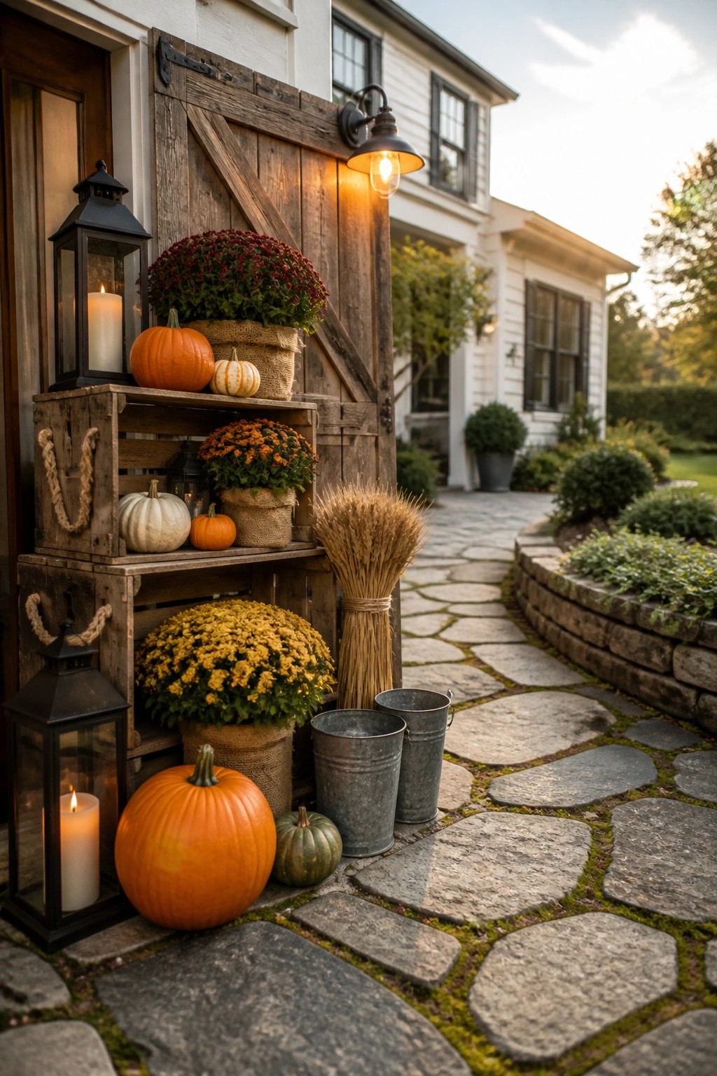 Autumn porch with stacked crates, pumpkins, mums, lanterns, and wheat on path