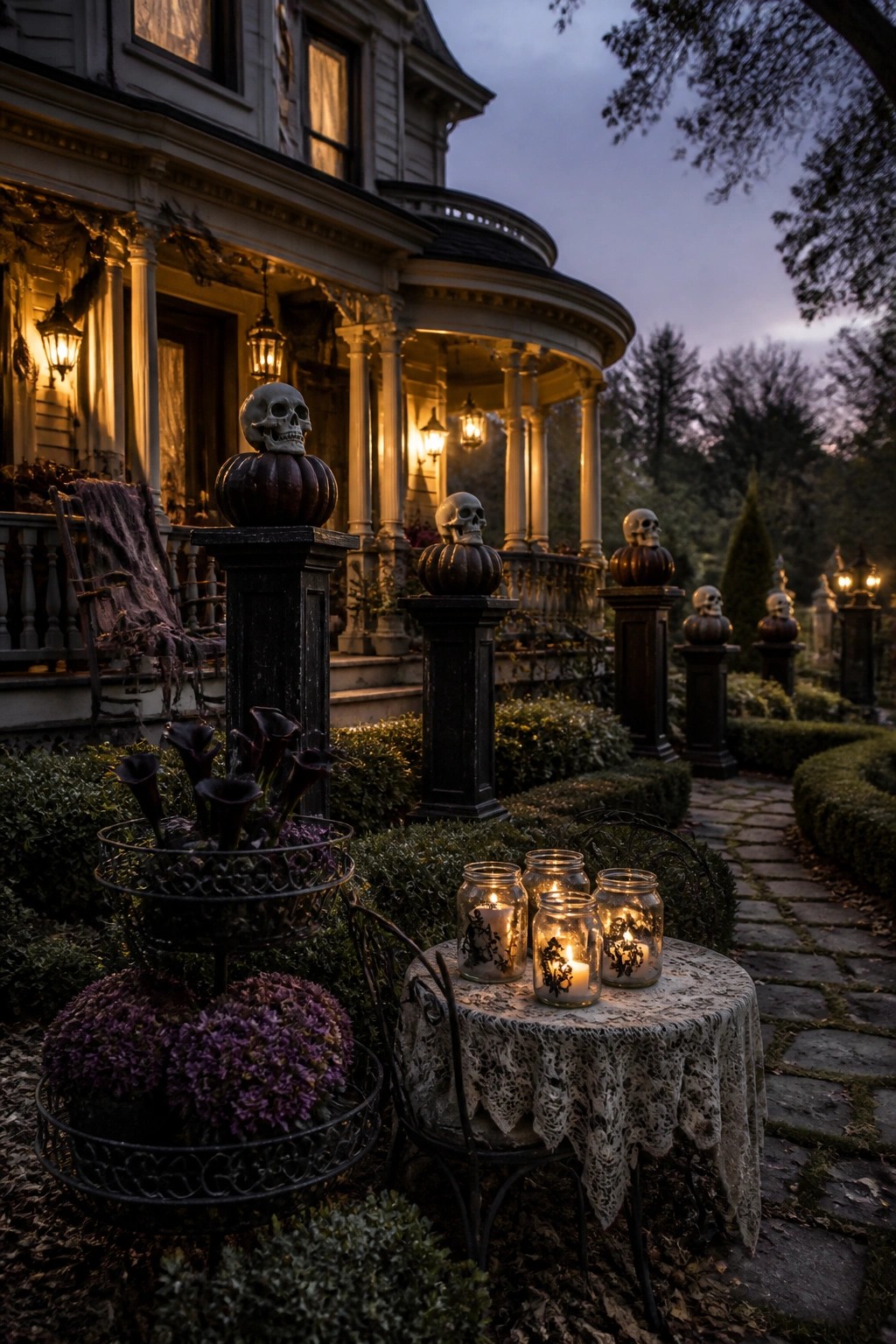 Front yard of a Victorian house at dusk with skull-topped pumpkins on dark pedestals, glowing candle jars on a lace-covered table, and layered Halloween decor along a stone path leading to the porch.
