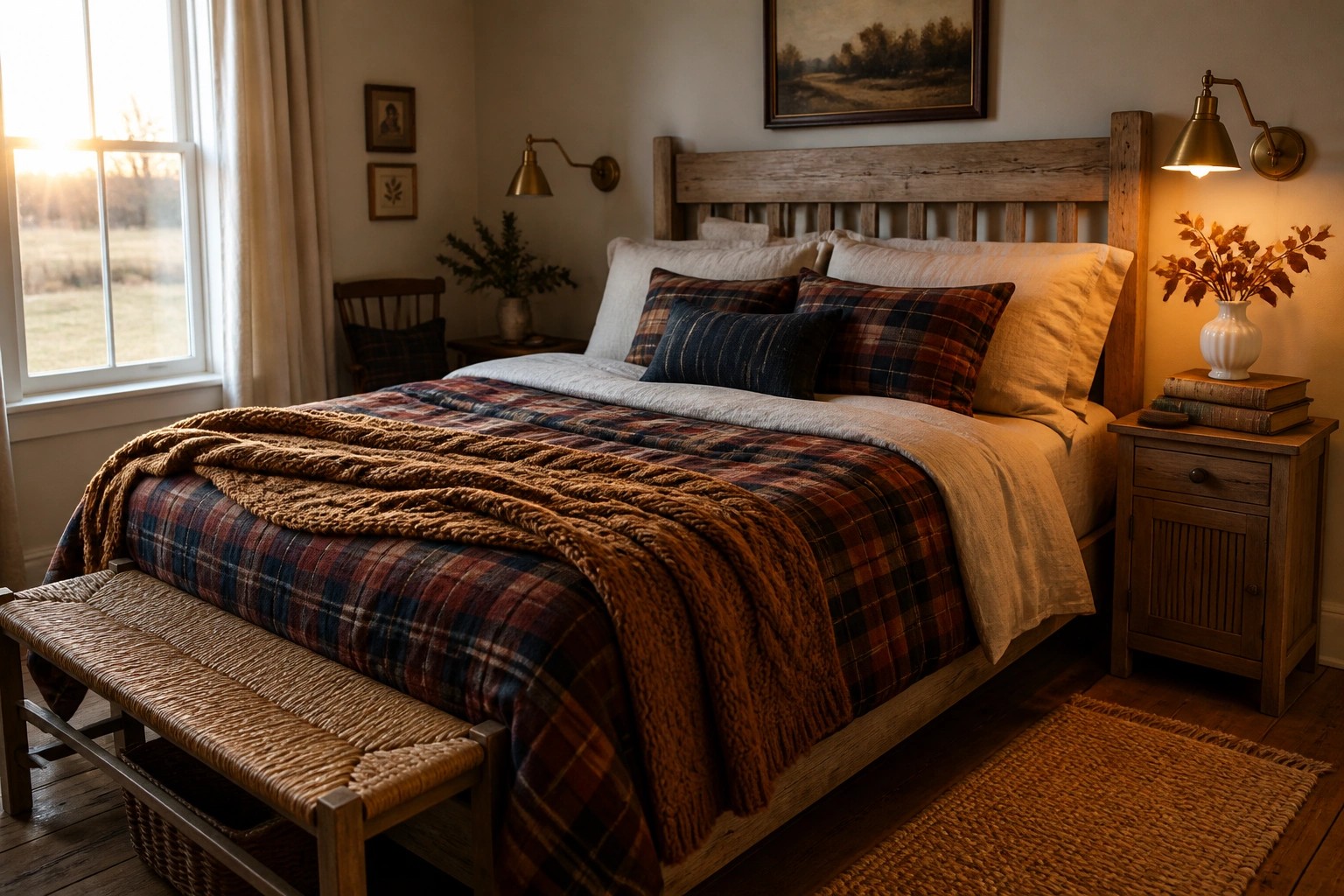 A bedroom with a wooden bed dressed in plaid bedding, a chunky rust knit blanket, and warm lighting from wall sconces.