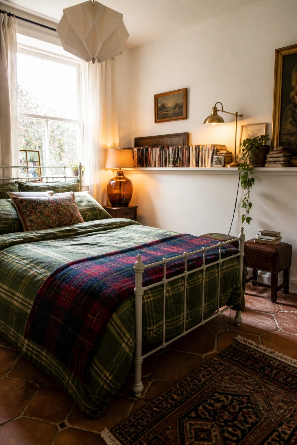 A bedroom featuring a white metal bed with green plaid bedding and a red and blue plaid throw, positioned near a built-in bookshelf and a window.