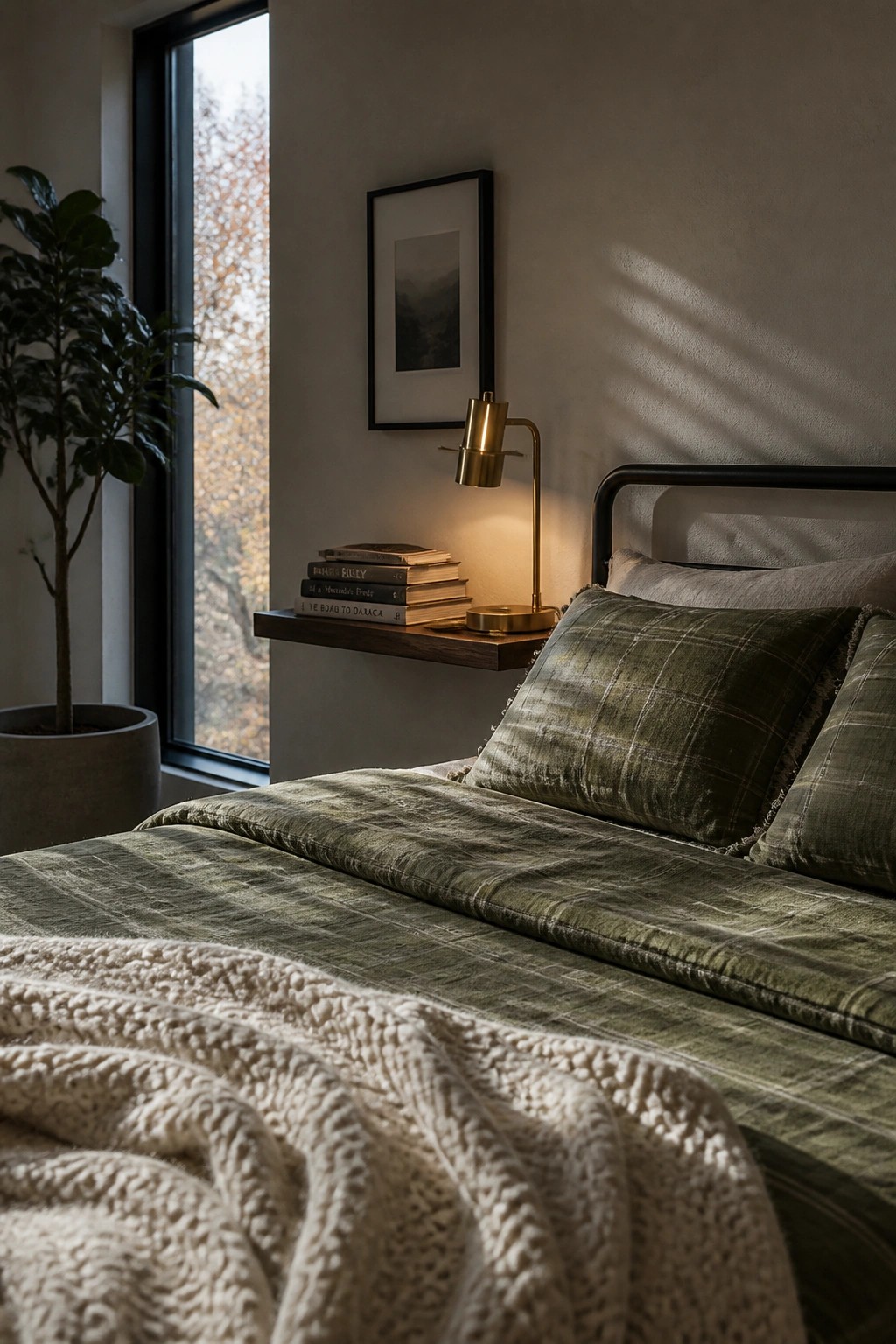A bed with green plaid bedding and a cream knit throw, positioned near a window with a potted plant and a floating shelf holding books and a brass lamp.