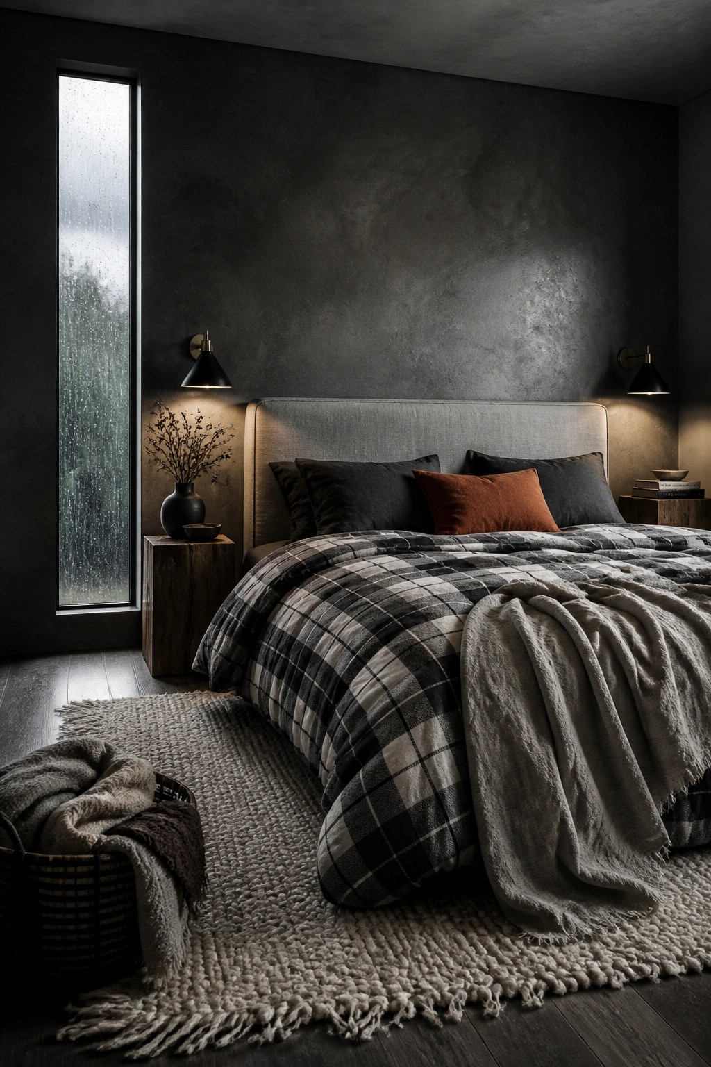 A bedroom with a large bed covered in black and white plaid bedding, a rust accent pillow, black pillows, and a gray knit throw, set against dark textured walls with a tall window on the left.