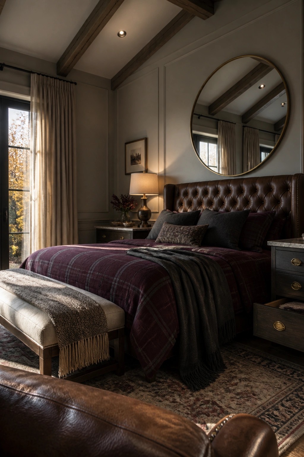 A bedroom featuring a large bed with a burgundy plaid throw layered over dark bedding, a brown tufted leather headboard, and a round wall mirror.