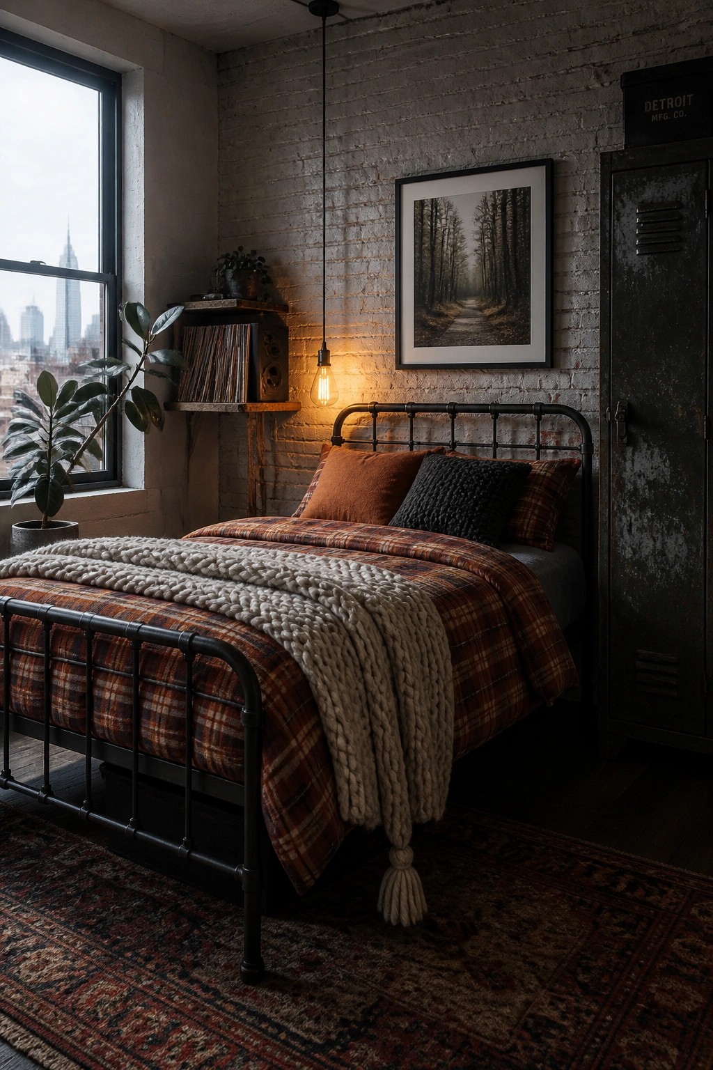 Cozy industrial bedroom with plaid bed, chunky knit blanket, brick wall, and city window