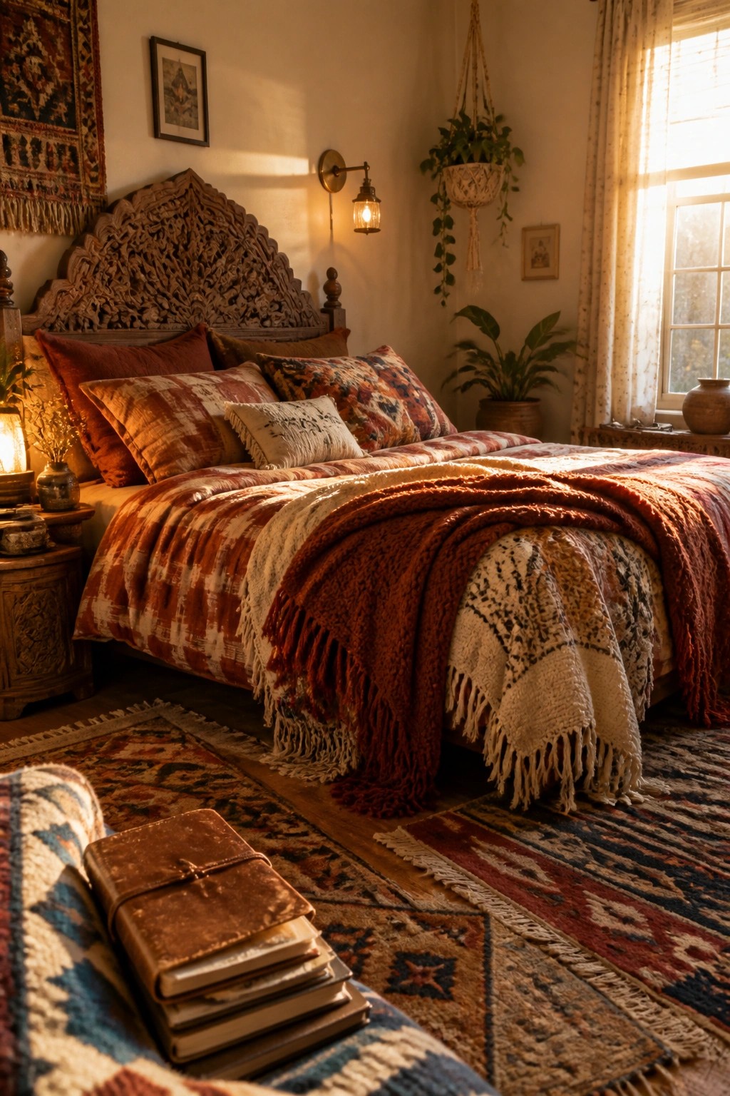 A bedroom with a carved wooden bed covered in layered autumn-colored patterned sheets, pillows, and fringed knit throws, with rugs on the wood floor and warm light from a window.