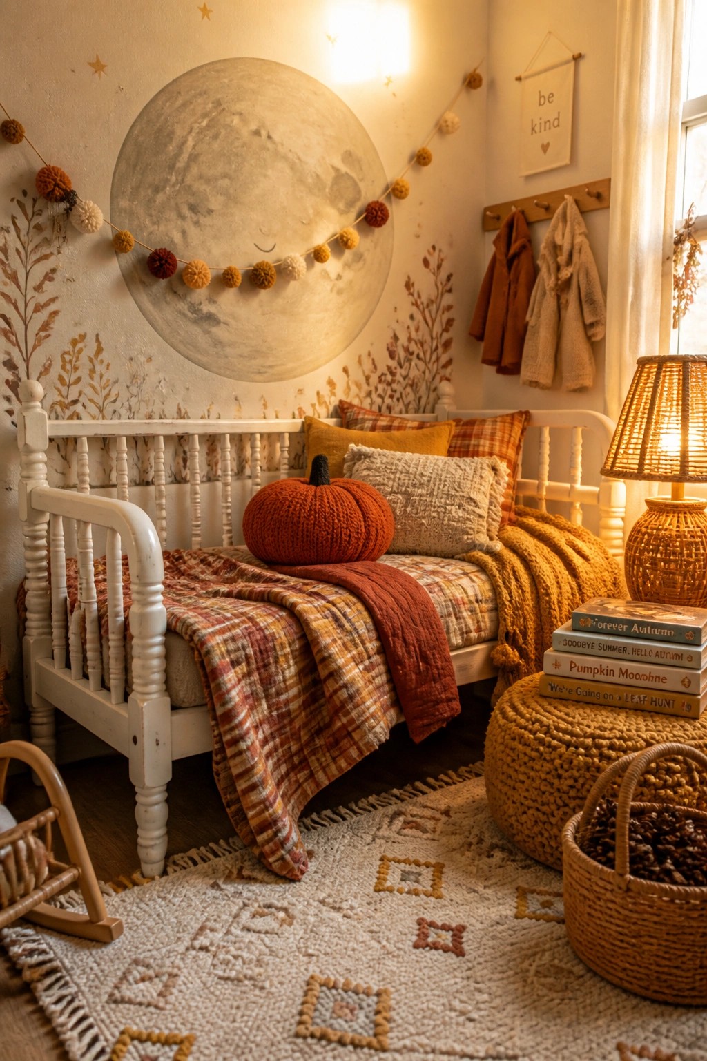 A child's bedroom features a white wooden bed layered with plaid bedding, rust and mustard pillows, and a large knitted orange pumpkin, surrounded by autumn wall decor and woven accessories.