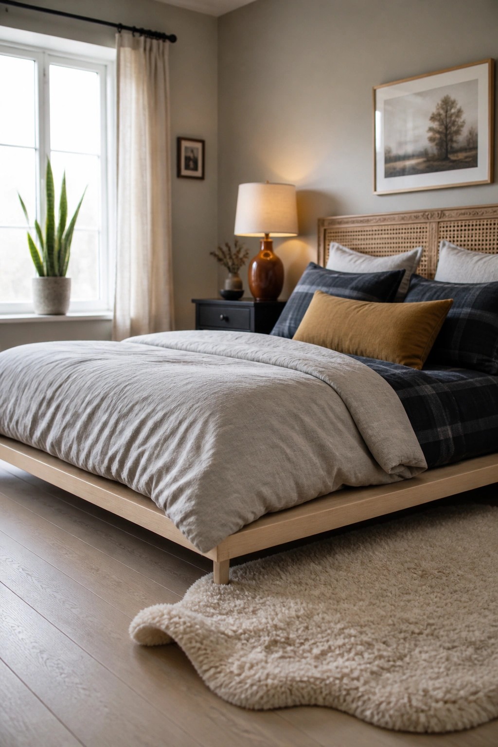 A bedroom with a low wooden bed dressed in gray bedding and several pillows including black and gray plaid and a solid mustard yellow one.