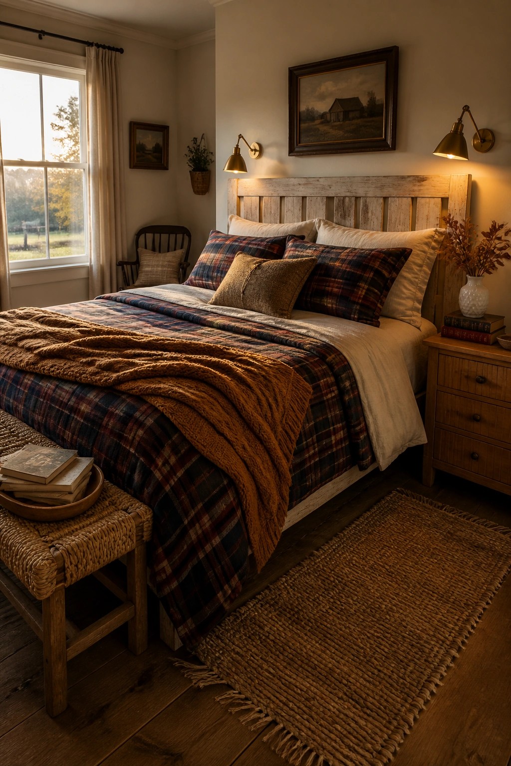 A bedroom with a wooden bed dressed in plaid bedding, a chunky rust knit blanket, and warm lighting from wall sconces.