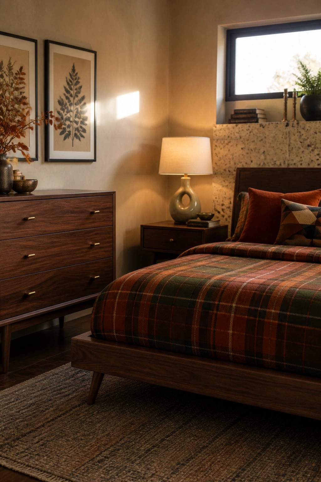 A bedroom featuring a wooden bed with plaid bedding in orange and green tones, a matching wooden nightstand with a lamp, and a dresser with framed botanical prints on the wall.