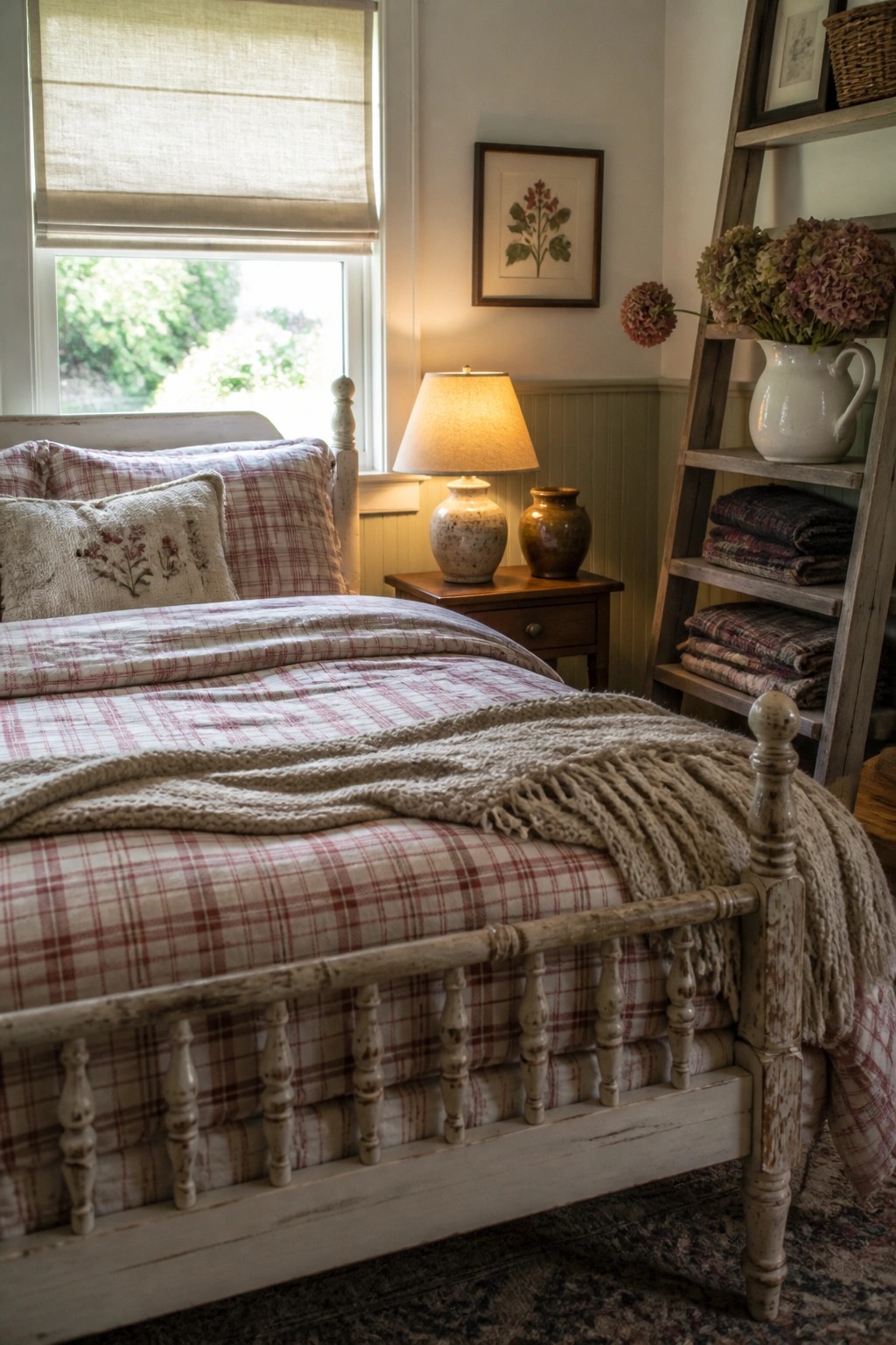 A bedroom featuring a distressed white wooden bed with red plaid bedding and a beige knit throw, positioned beside a window and a wooden nightstand with a lamp.