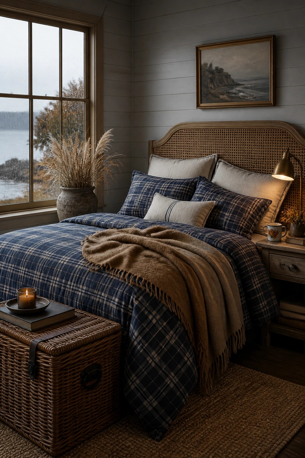 A bedroom corner showing a bed with blue plaid bedding and a brown knit throw, a lit candle on a wicker chest, and a window with an outdoor view.