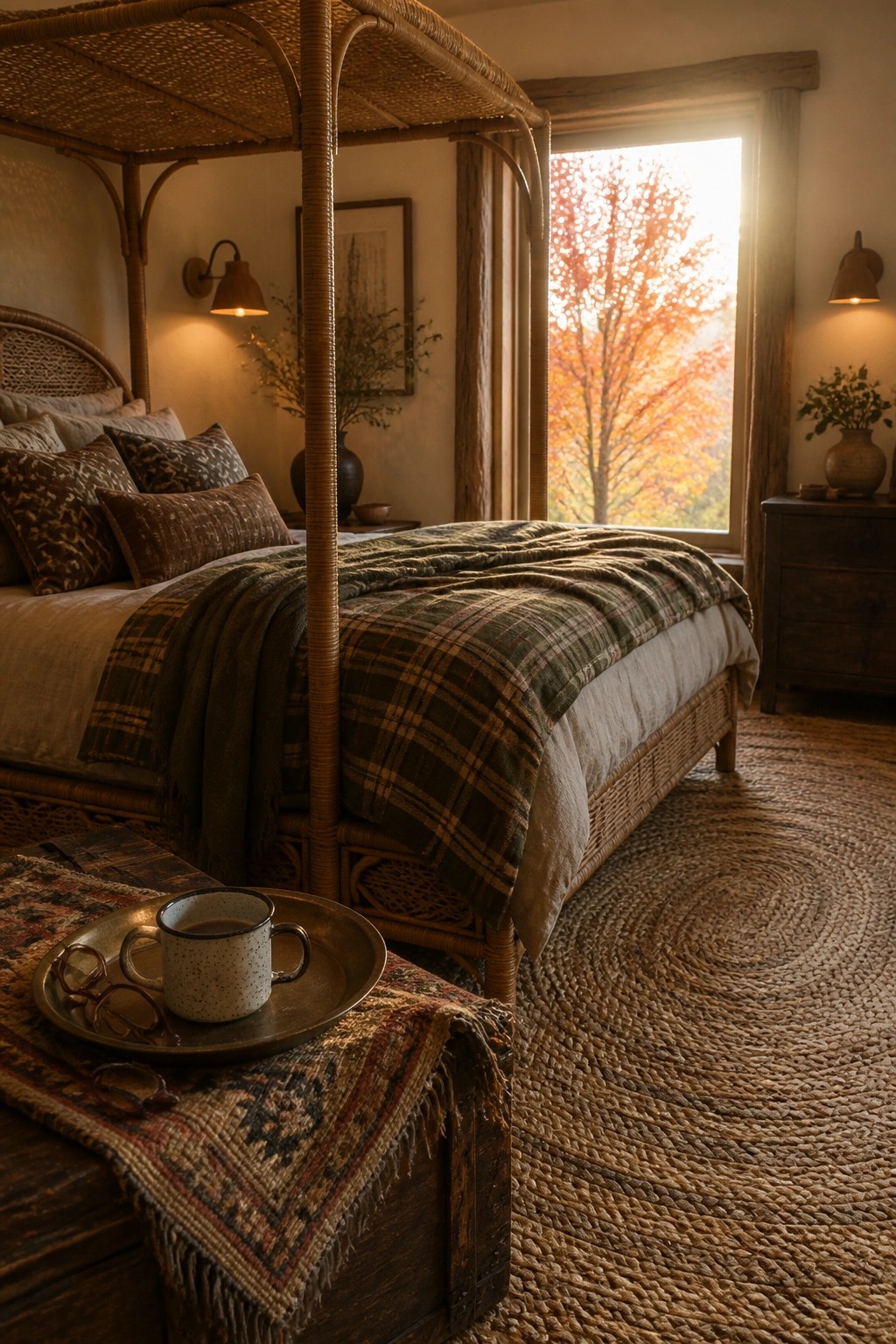 A bedroom scene showing a rattan canopy bed with a green and brown plaid throw layered over neutral bedding, next to a large window with autumn trees visible outside.