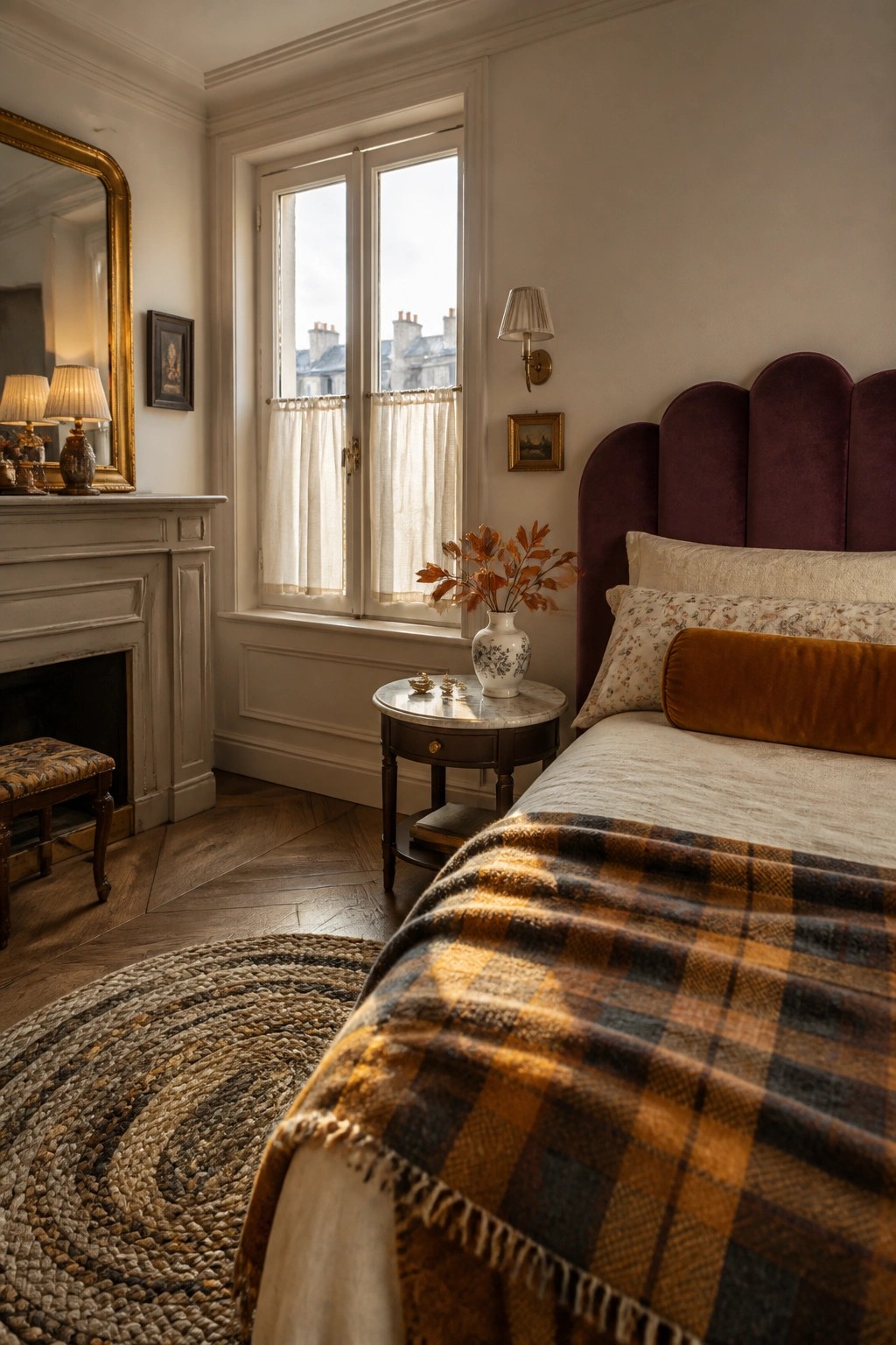 A bedroom interior showing a bed with a plaid throw in orange and brown tones, a scalloped velvet headboard, a round marble-topped side table, and a window with sheer curtains.