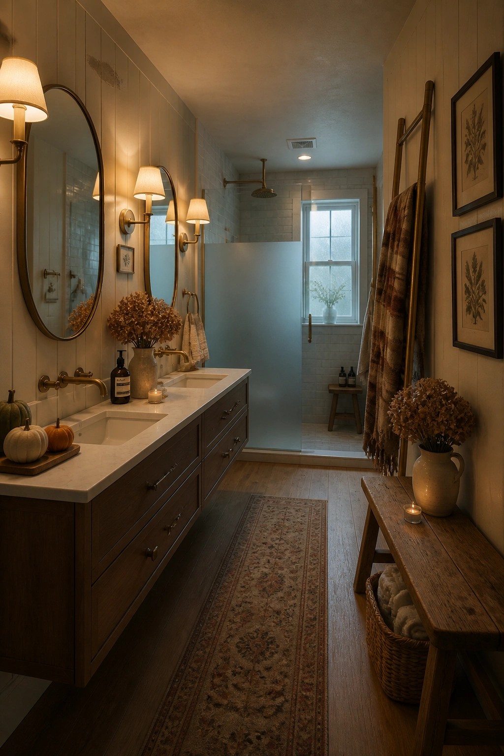 A narrow bathroom with a long wooden vanity on the left, a glass shower in the back, and a wooden bench holding a basket of towels on the right side.