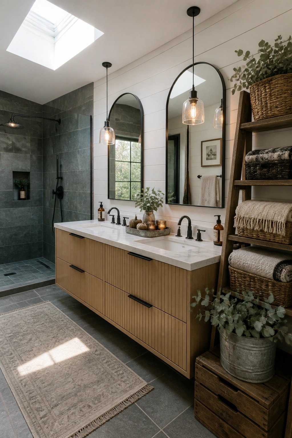 Modern bathroom with light wood double vanity, arched mirrors, and dark shower.