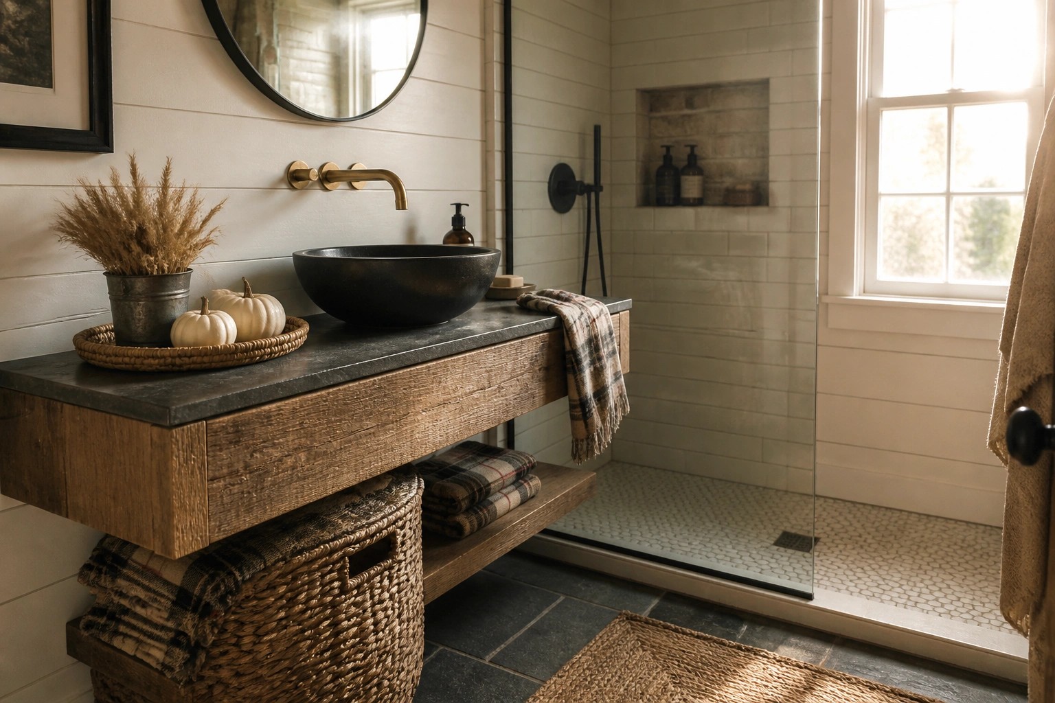 Rustic bathroom with wood vanity, black vessel sink, brass fixtures, and tiled shower.