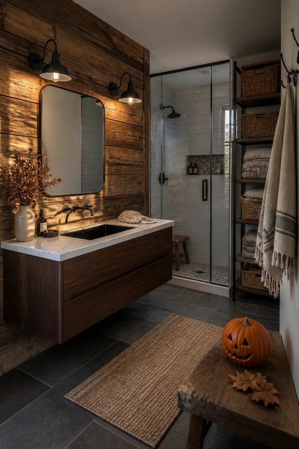 A farmhouse bathroom with a wood accent wall, floating wood vanity, black fixtures, glass shower, and tall open shelving holding woven baskets next to a bench with a carved pumpkin.