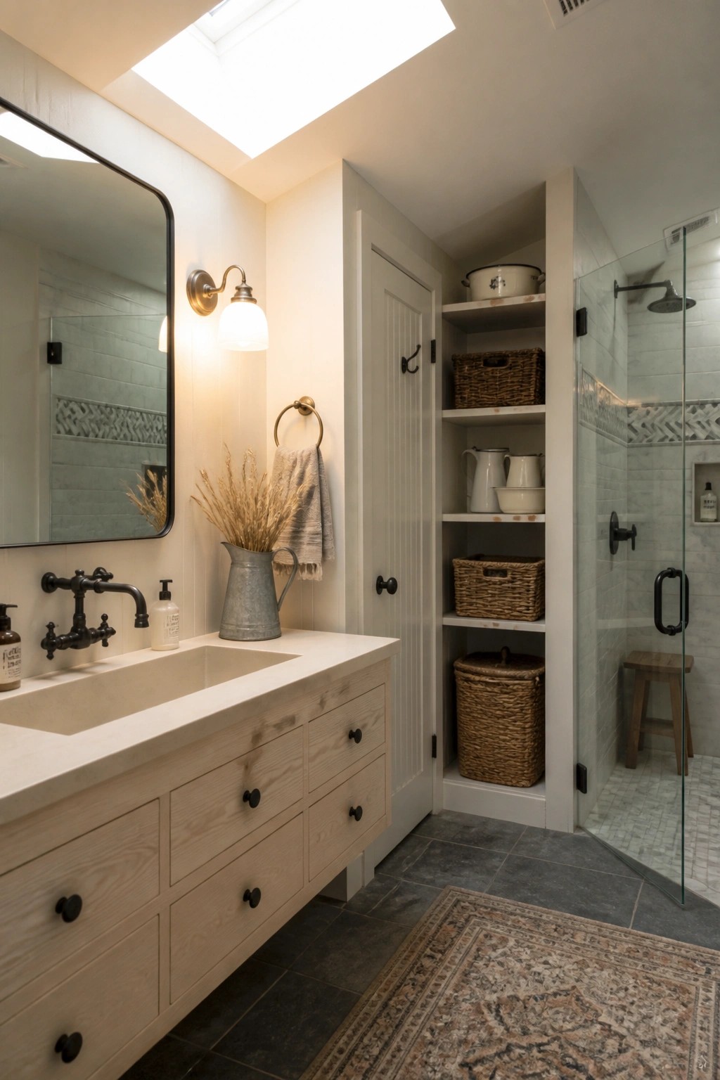 A light wood bathroom vanity with a white sink sits next to open built-in shelving filled with woven baskets and white pitchers, with a glass shower visible on the right.