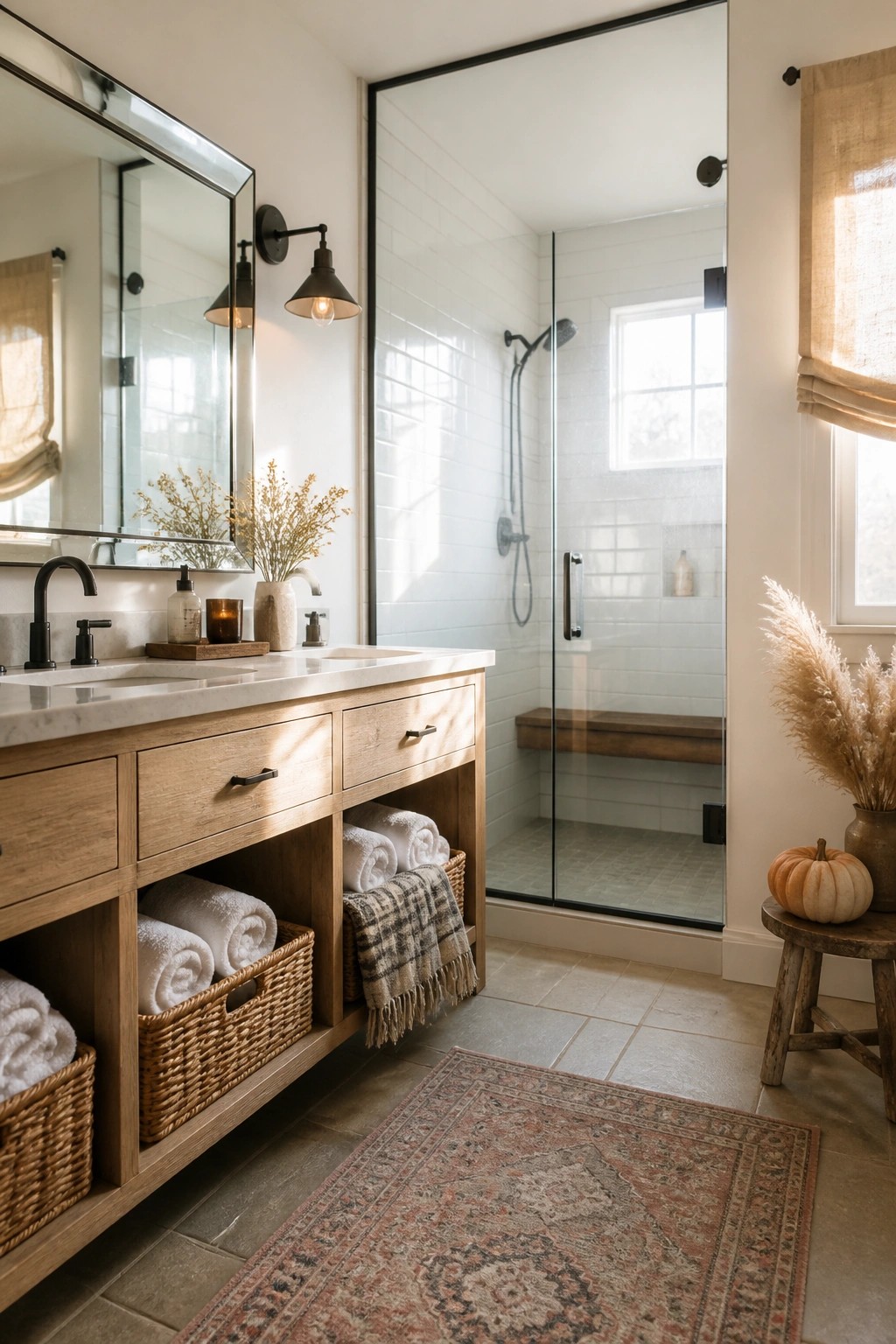A farmhouse bathroom vanity with light wood open shelving holding woven baskets of folded towels beside a glass-enclosed shower.