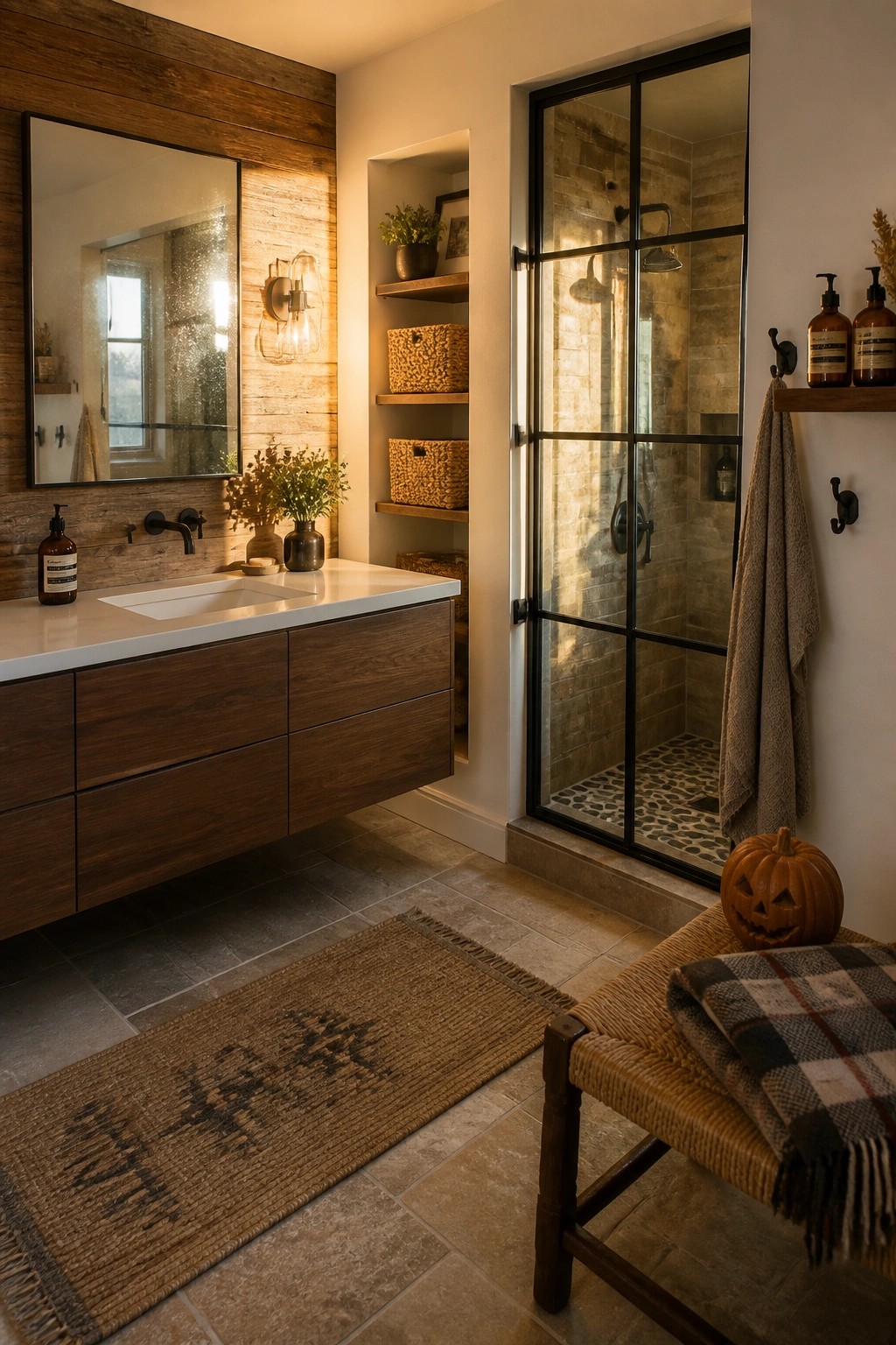A modern farmhouse bathroom with a floating wood vanity, open wood shelves holding woven baskets, and a black-framed glass shower.