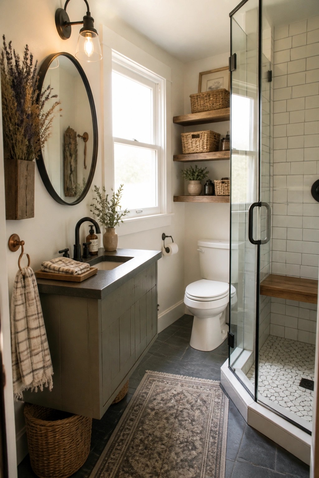 A small farmhouse bathroom with a gray wood vanity, round mirror, white toilet, glass shower, and wooden floating shelves holding woven baskets.