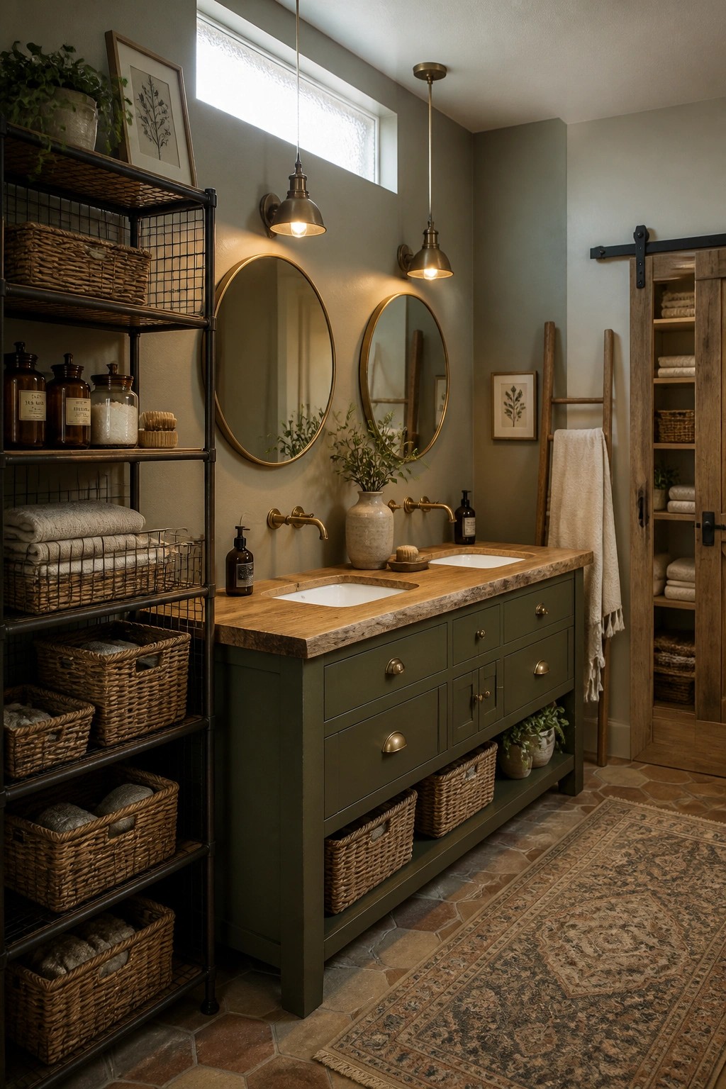 A bathroom with a green double vanity topped in wood, two round mirrors above the sinks, industrial pendant lights, and woven baskets stored on black metal shelves and beneath the vanity.