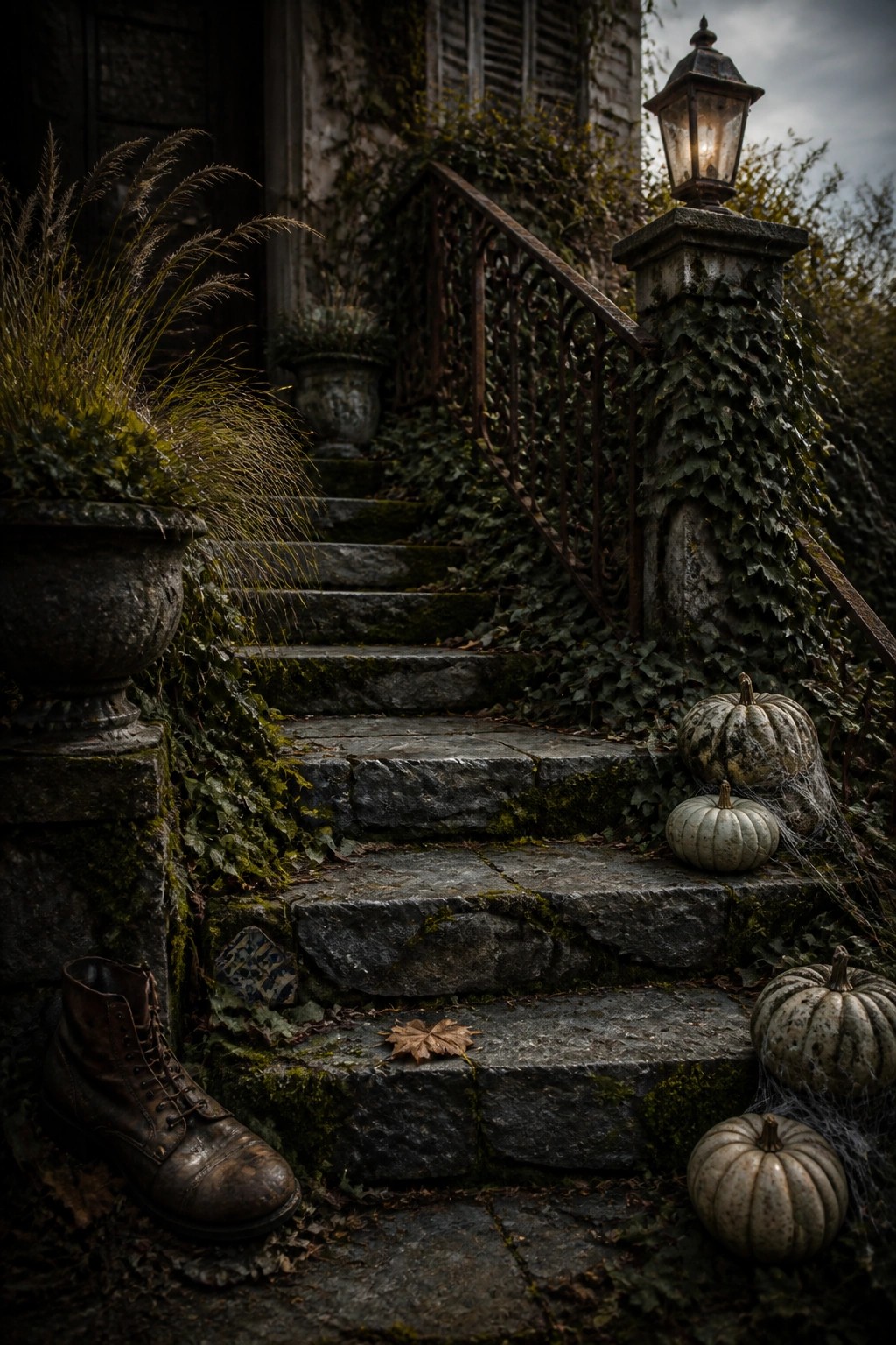 A stone staircase covered in ivy leads to a house entrance, with several pumpkins and spiderwebs placed on the lower steps beside a rusted railing and an old boot on the ground.