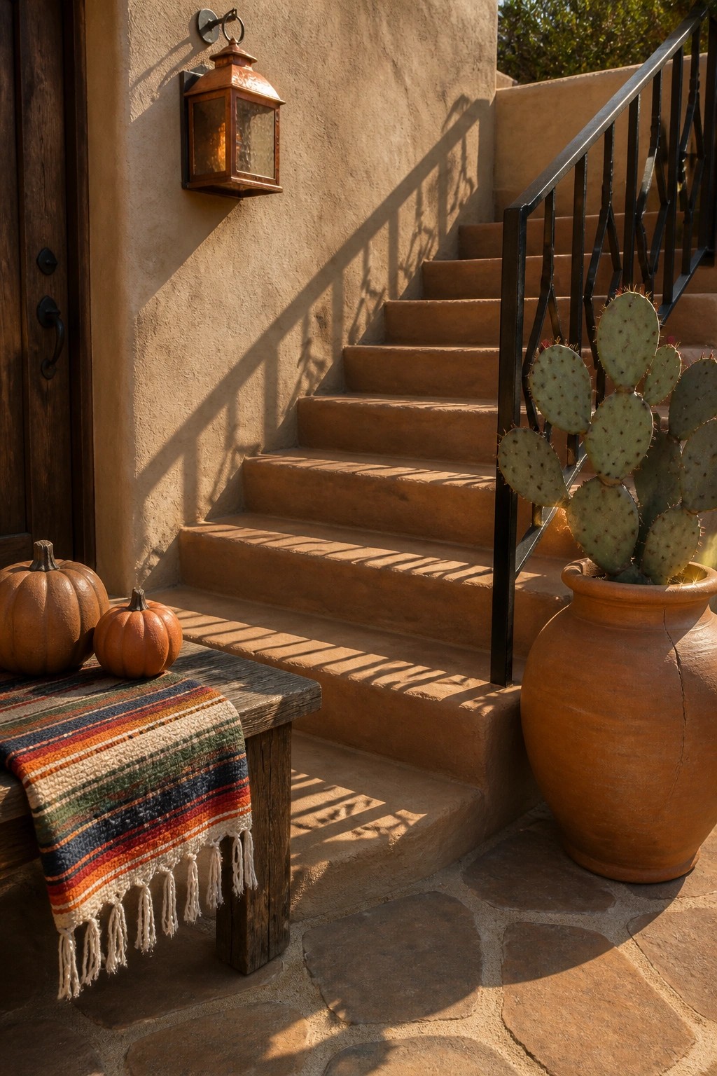 Adobe stairs with a black metal railing lead to a wooden door, with two pumpkins resting on a bench draped in a striped blanket and a cactus planted in a large terracotta pot to the right.