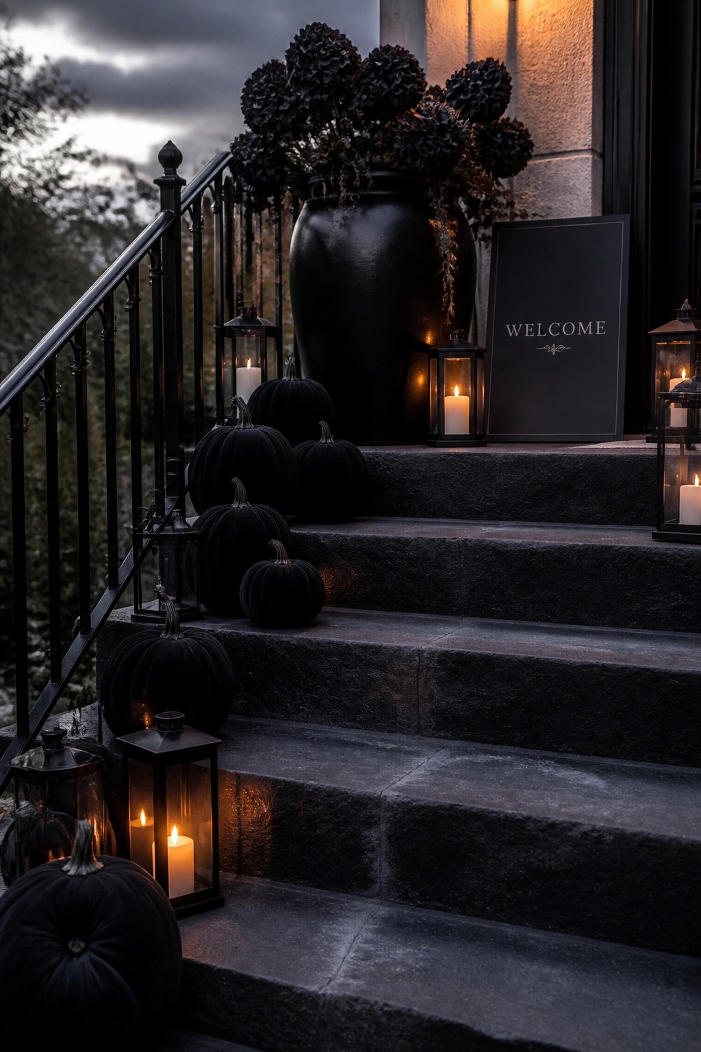 Stone steps lined with black pumpkins and lit black lanterns, with a large black vase and welcome sign at the top.