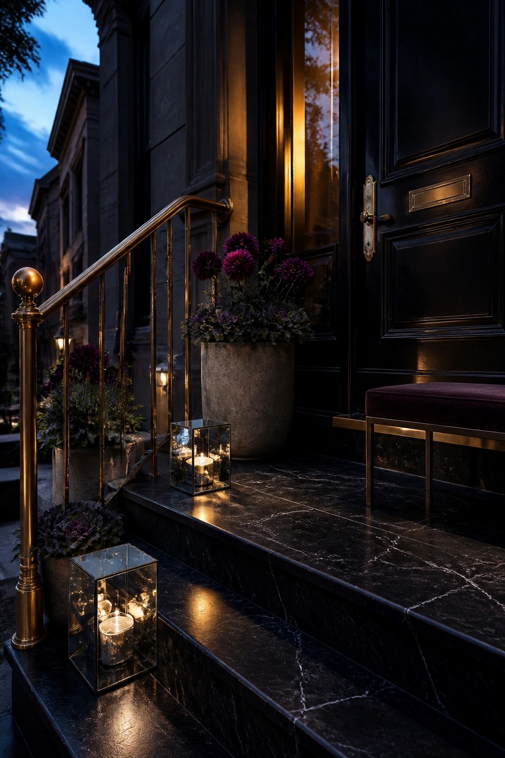 Black marble front steps with glass cube lanterns holding lit candles, a brass railing on the left, and a dark paneled door at the top.