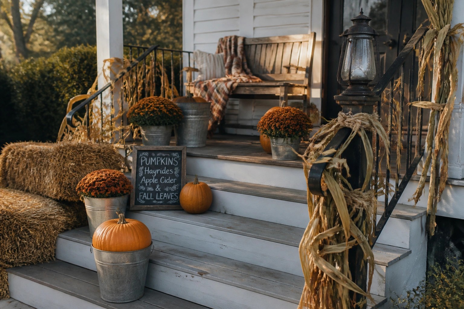 Front steps decorated with stacked hay bales, orange pumpkins, potted chrysanthemums in metal buckets, corn stalks on the railing, and a small chalkboard sign.