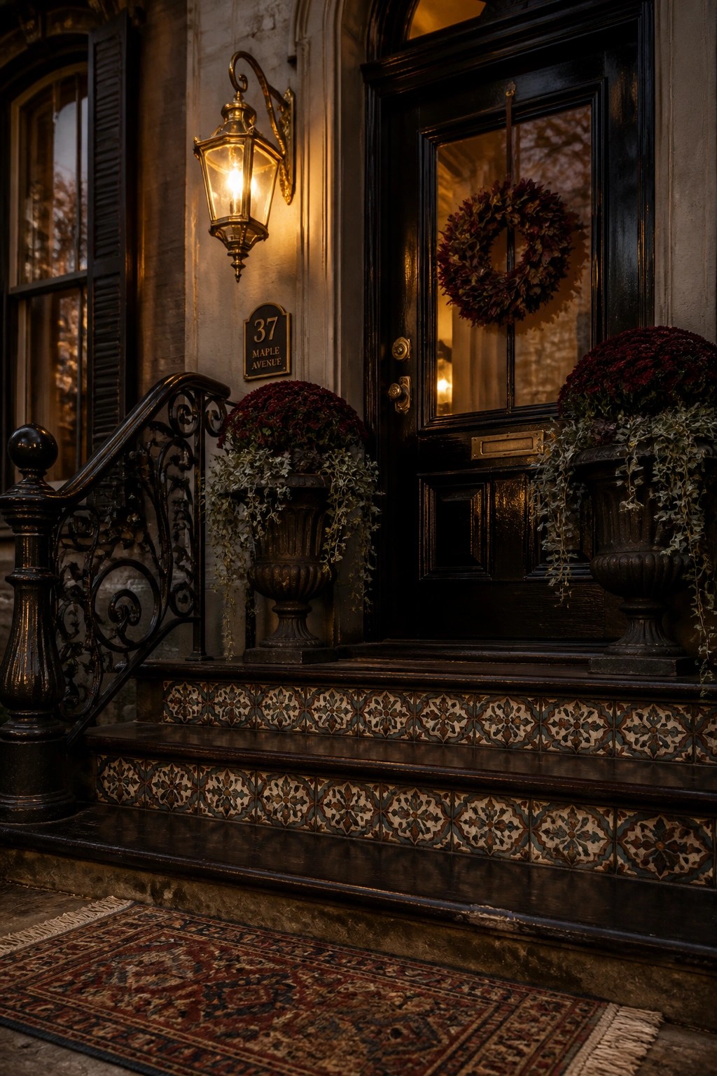 A black front door with a dark wreath, two large potted plants on patterned tile steps, and a wall lantern to the left.