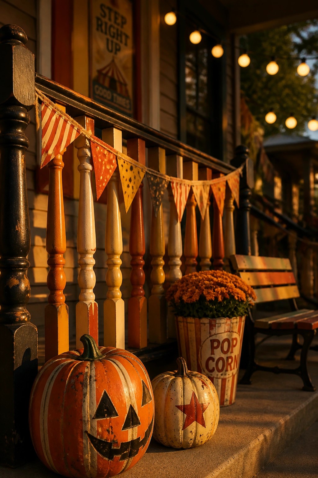 Orange striped jack-o'-lantern and star pumpkin beside popcorn bucket on porch
