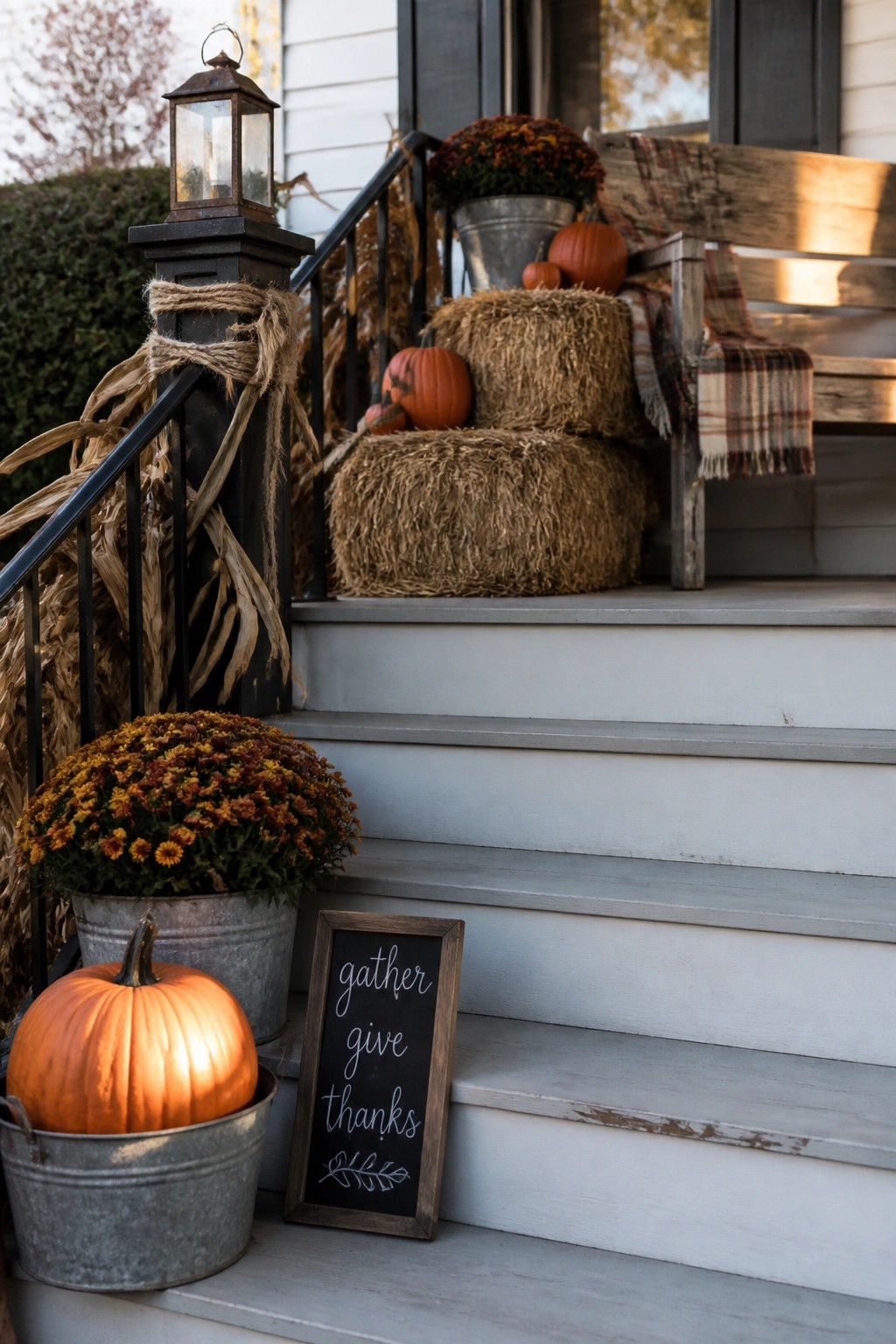 Front steps decorated with stacked hay bales, orange pumpkins, potted chrysanthemums in metal buckets, corn stalks on the railing, and a small chalkboard sign.