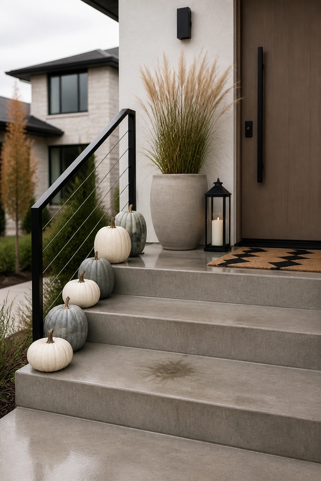 Concrete front steps with white and gray pumpkins placed along a black metal railing, next to a large potted grass and a lit black lantern by the door.