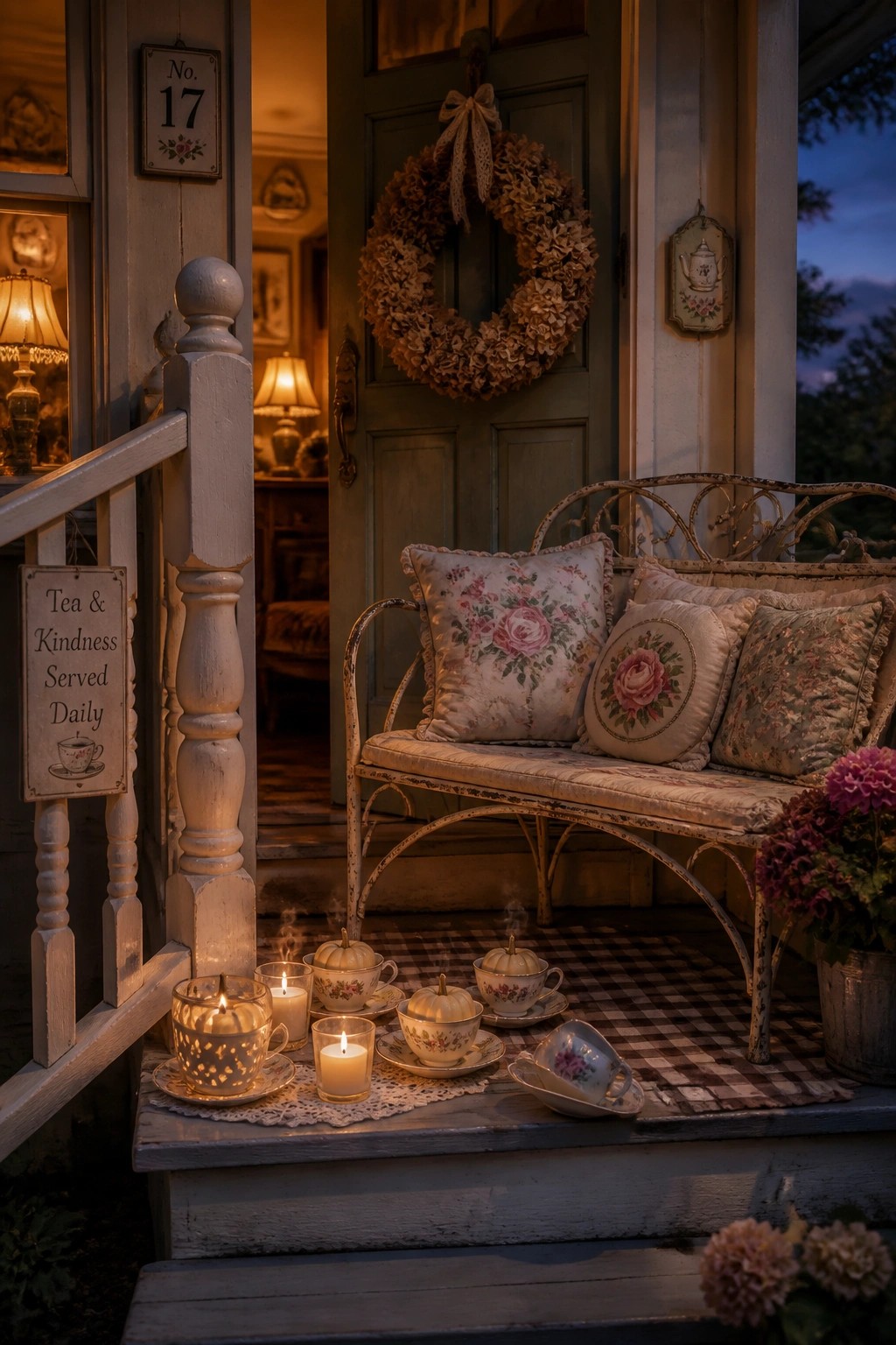 A front porch at dusk featuring a metal bench with pillows, a dried wreath on the door, and lit candles in teacups alongside small pumpkins arranged on the steps.