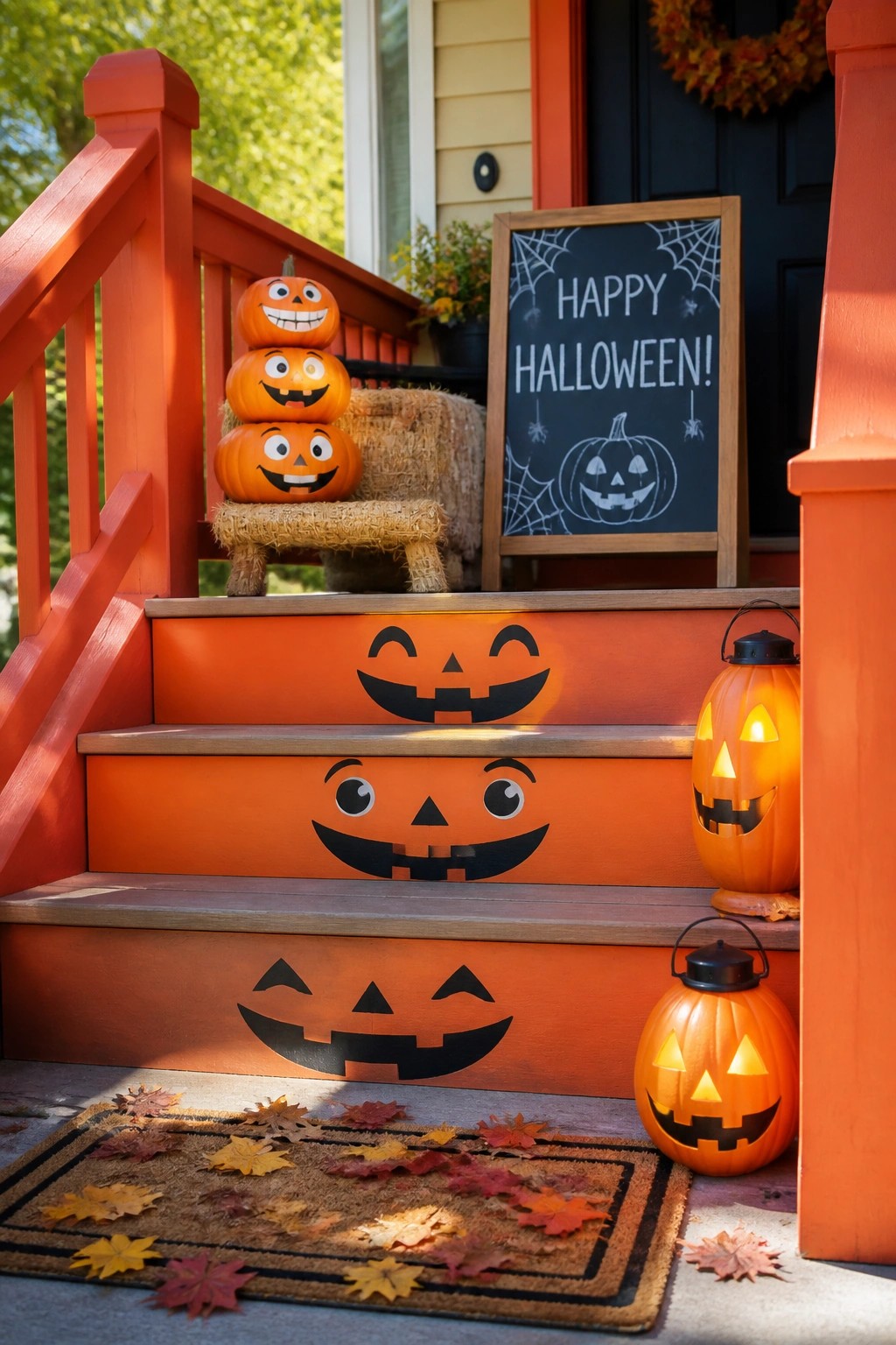 Front steps painted orange with large jack-o'-lantern faces on each tread, stacked pumpkins near a red railing, and a chalkboard sign nearby.