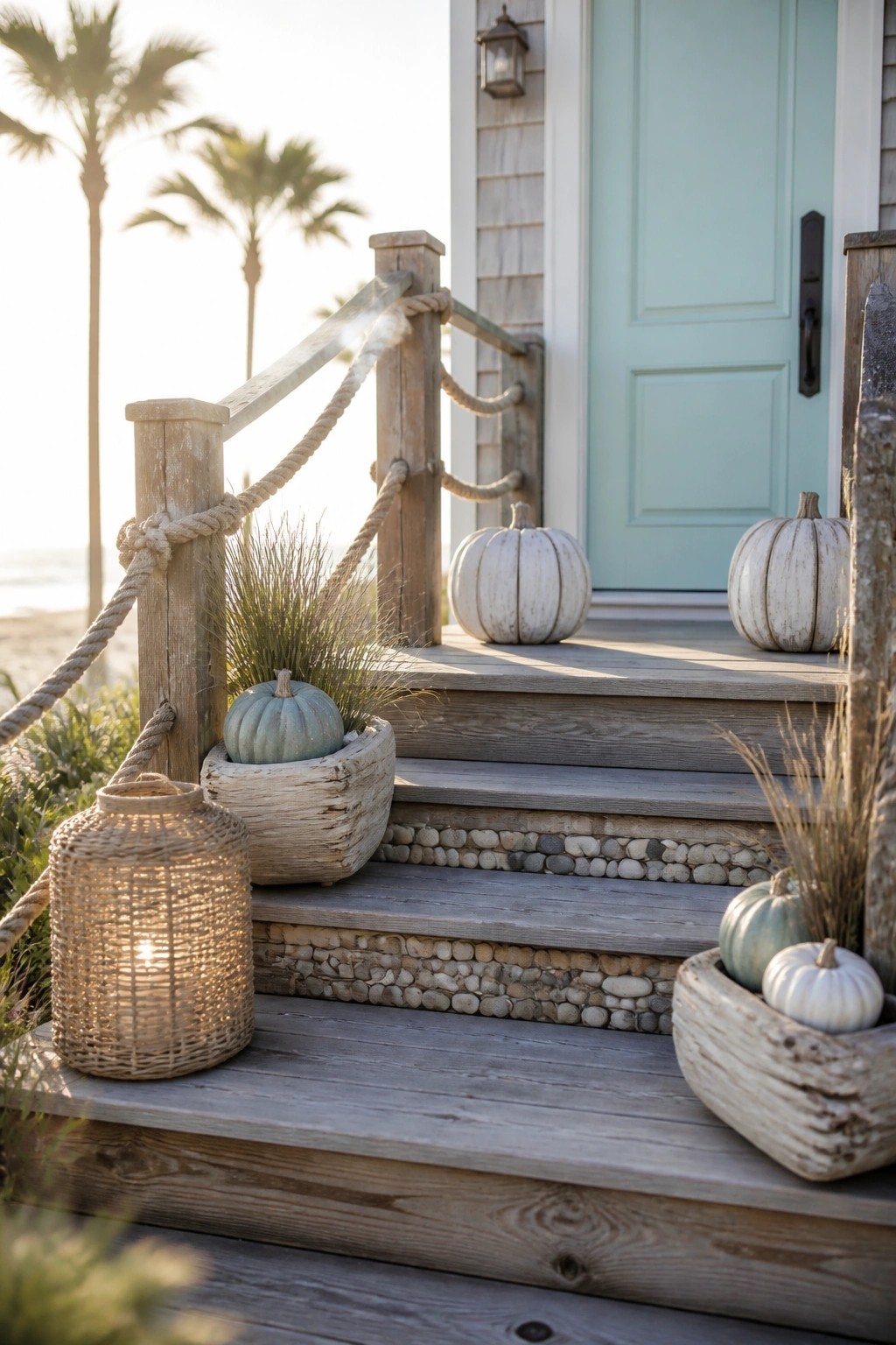 A beach house front entry with gray wooden steps and a rope railing, decorated with white and pale green pumpkins in rustic wooden planters plus a lit woven lantern.