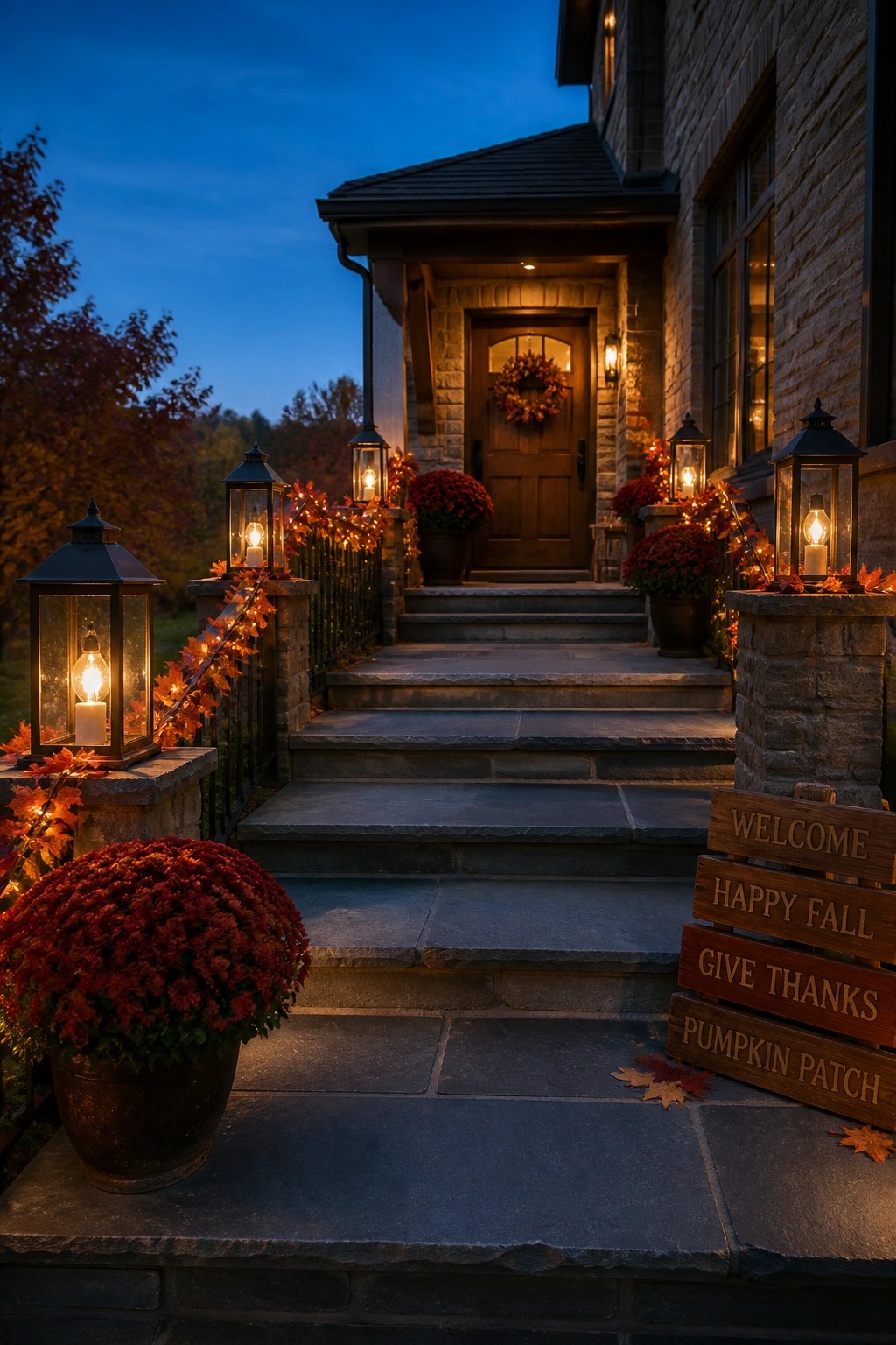 A stone house front entrance at dusk with steps, black railings wrapped in orange leaf garlands and lit lanterns, potted red mums, and a wooden welcome sign.