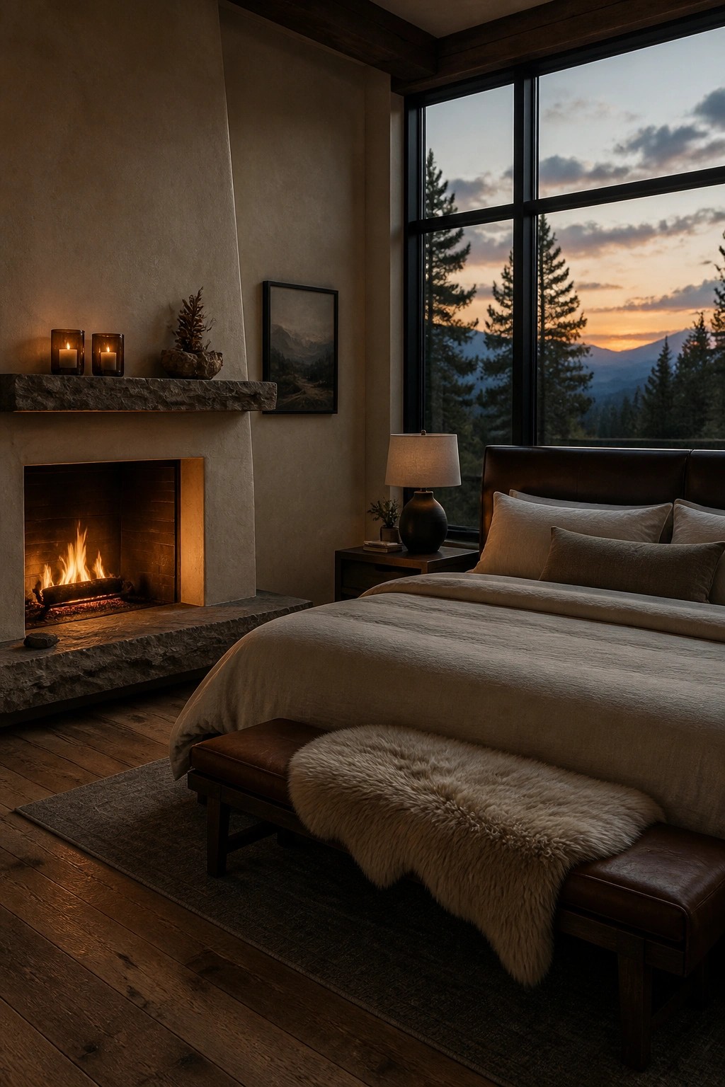 A modern bedroom features a lit stone fireplace on the left, a large bed with neutral linens, and a tall window showing a mountain view at dusk.