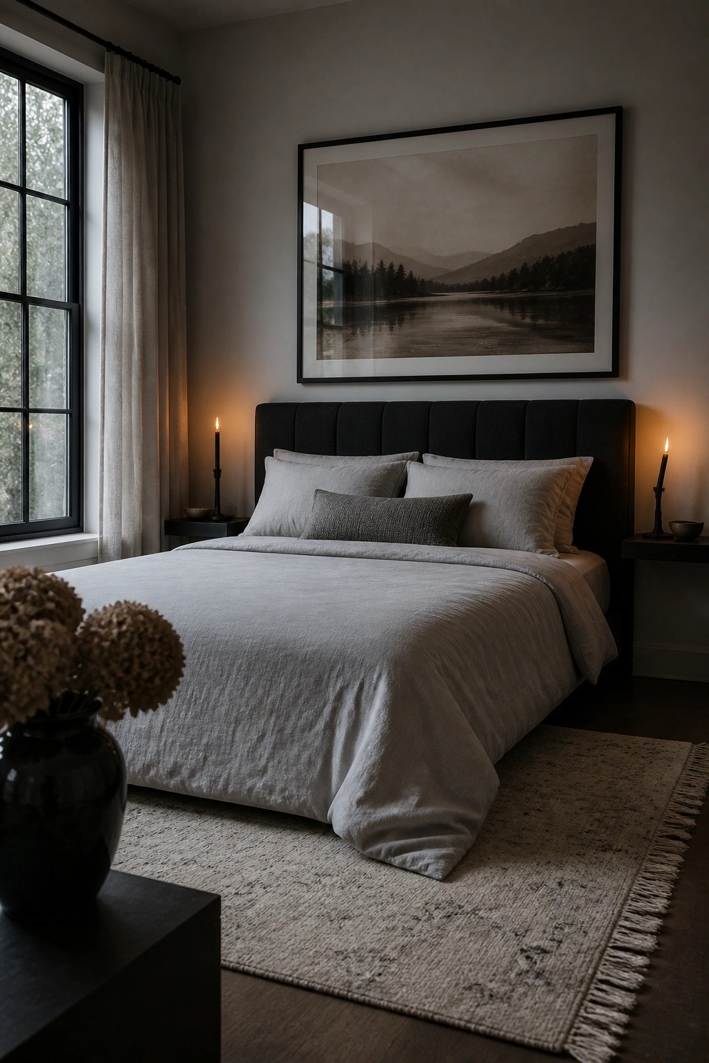 A modern bedroom featuring a large bed with light gray bedding, a dark upholstered headboard, lit candles on both nightstands, and a large framed landscape photograph centered above the bed.