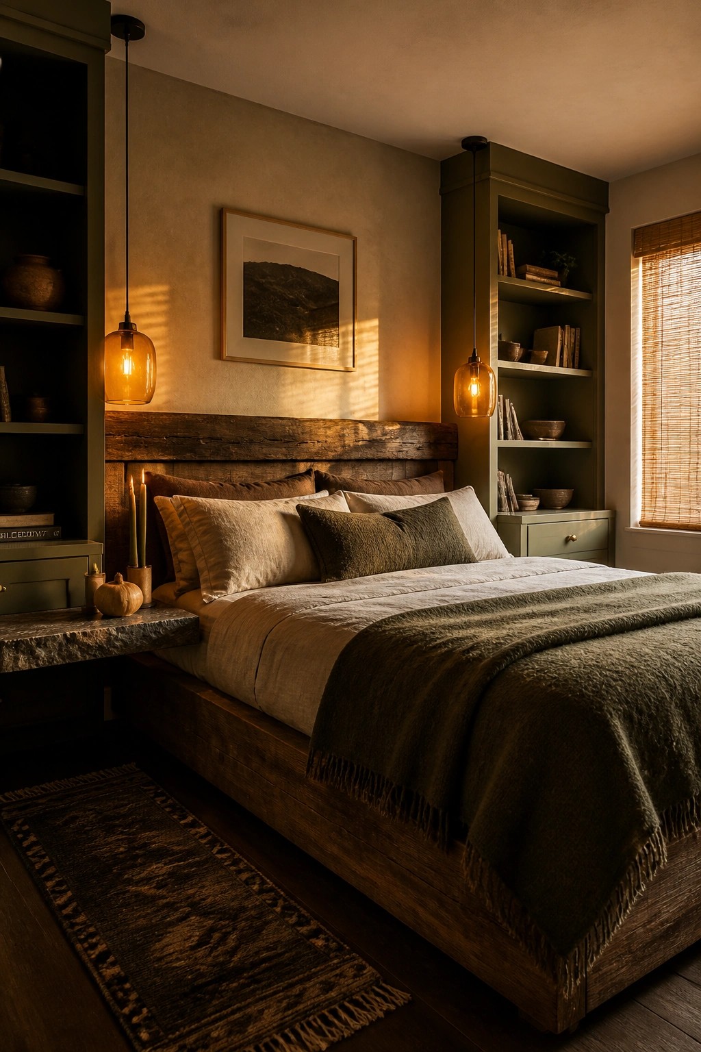 A bedroom featuring a wooden bed with neutral bedding, flanked by dark green built-in shelves holding books and bowls, with two amber pendant lights.