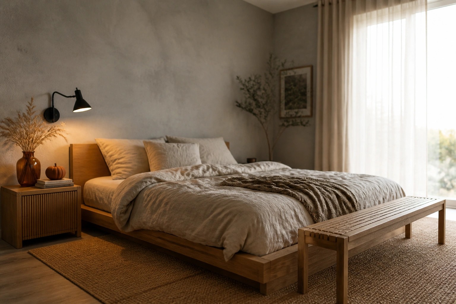 A bedroom featuring a light wood bed with rumpled neutral linen bedding, a round wood nightstand, a woven brown rug, and a black wall-mounted lamp.