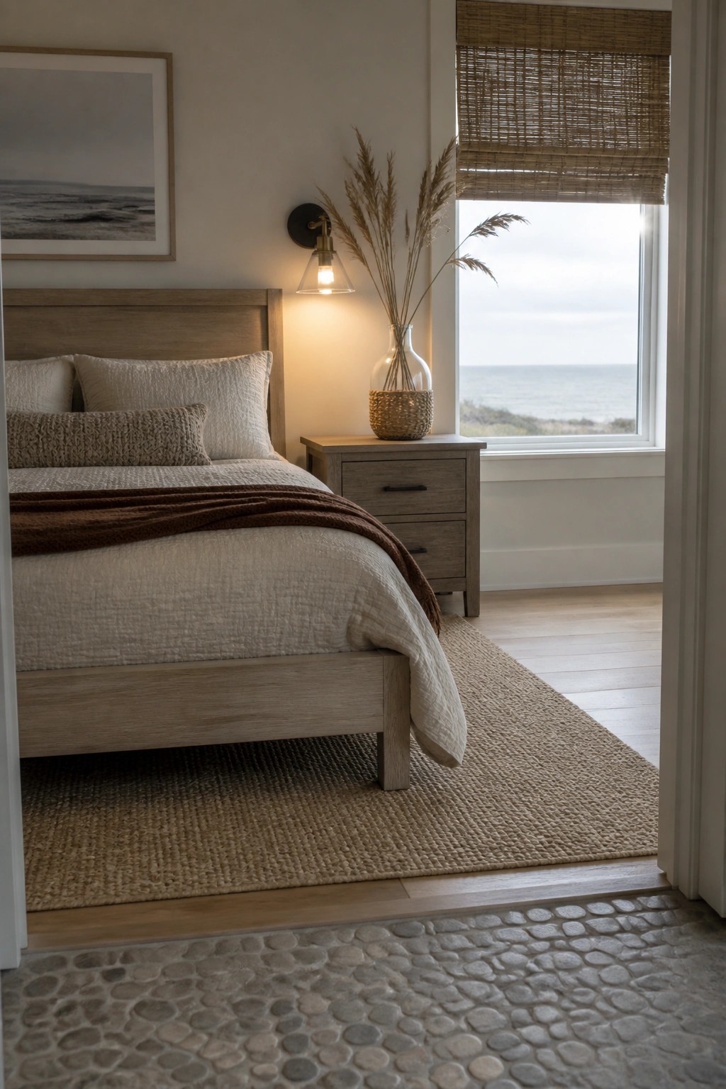 A bedroom featuring a low wooden bed with neutral linen bedding and a brown throw, a wooden nightstand, a woven rug, and a window with a view of the ocean.