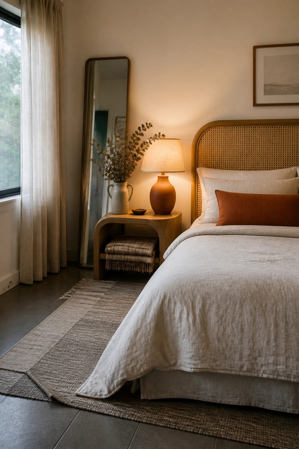 A bedroom featuring a bed with white linen bedding and an orange pillow, a curved wood nightstand with a lit terracotta lamp and dried branches in a vase, a tall mirror, and a woven rug on dark flooring.