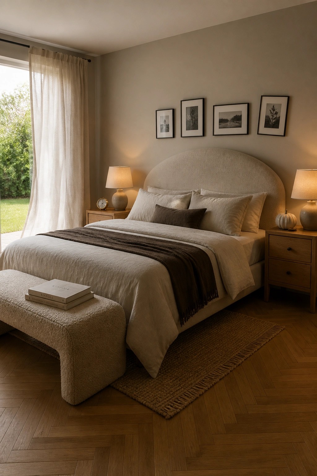 A bedroom with a large upholstered bed in neutral linens, wooden nightstands with lamps, framed art above the headboard, and a textured bench holding books at the foot of the bed.