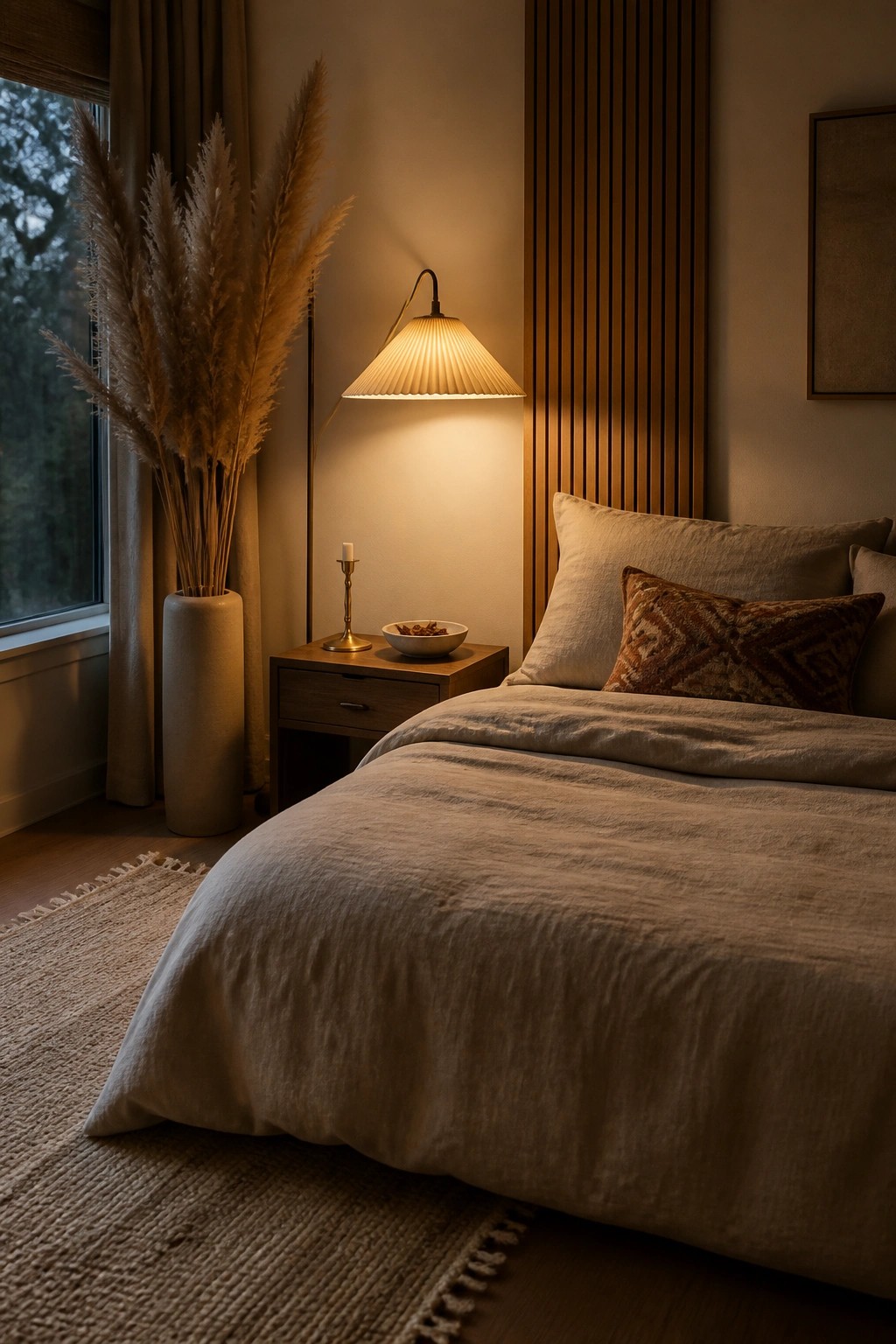 A bedroom featuring a bed with beige linen bedding, a wooden nightstand holding a lit pleated wall lamp, a vase of pampas grass, and a woven rug on the floor.