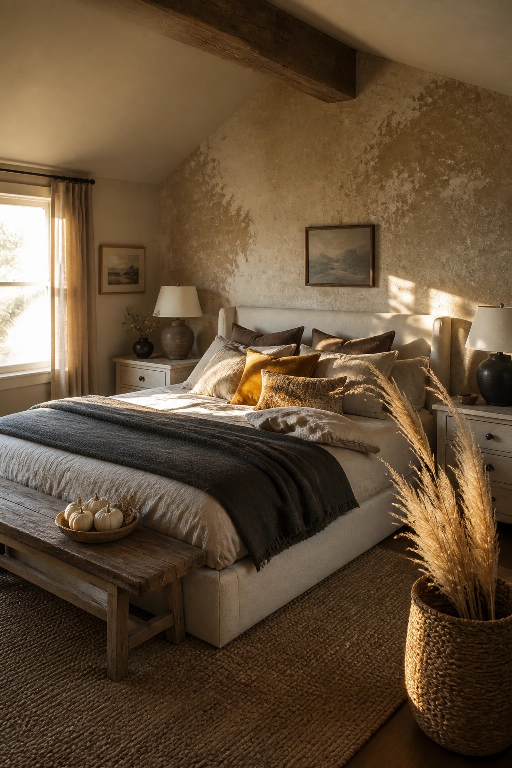 A bedroom featuring a bed with neutral linens and pillows in warm earth tones, a wooden bench at the foot, and natural light from a window on the left.