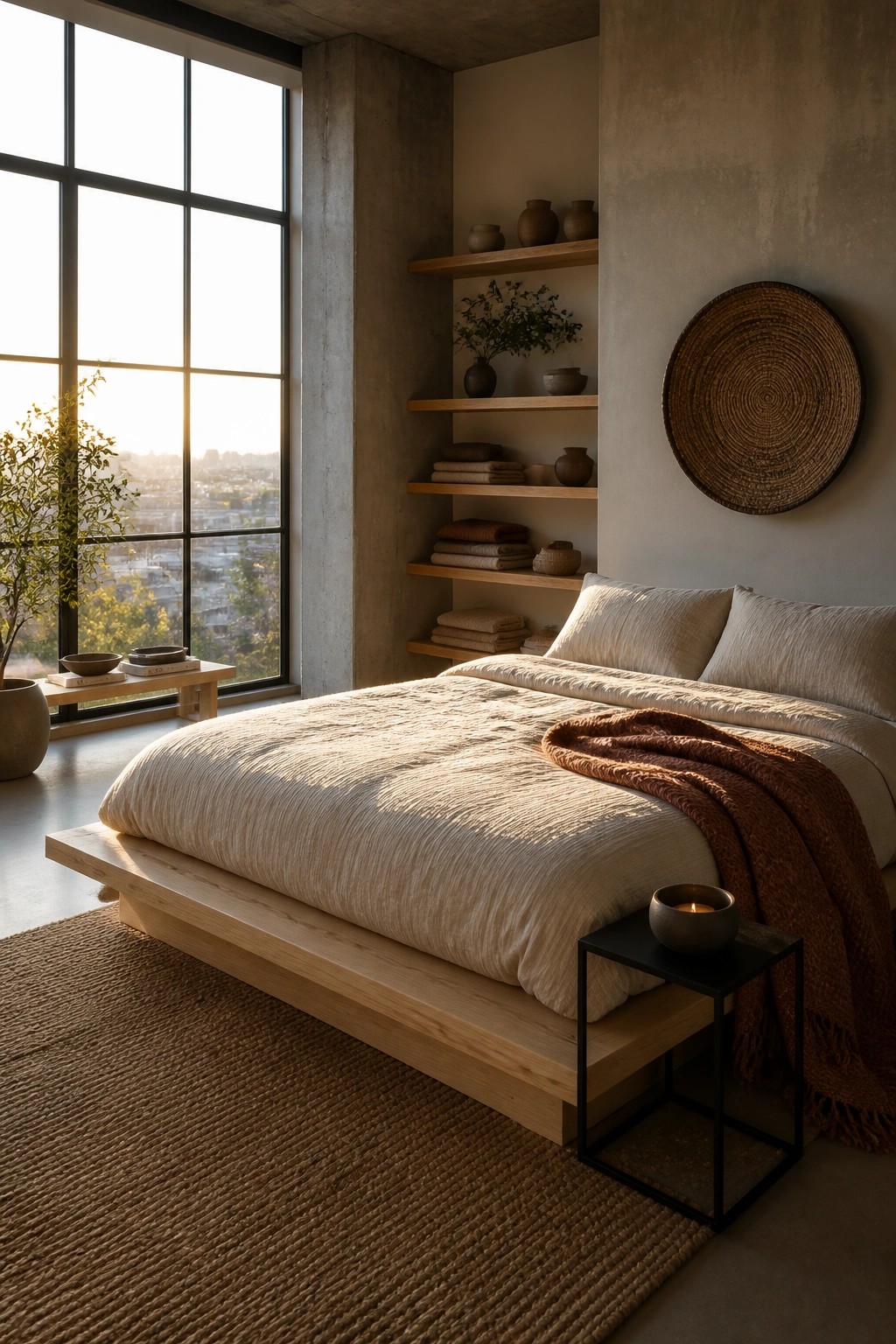 A minimalist bedroom with a low wooden platform bed dressed in beige linen bedding and a rust-colored throw, positioned under a large window beside floating wooden shelves on a concrete wall.