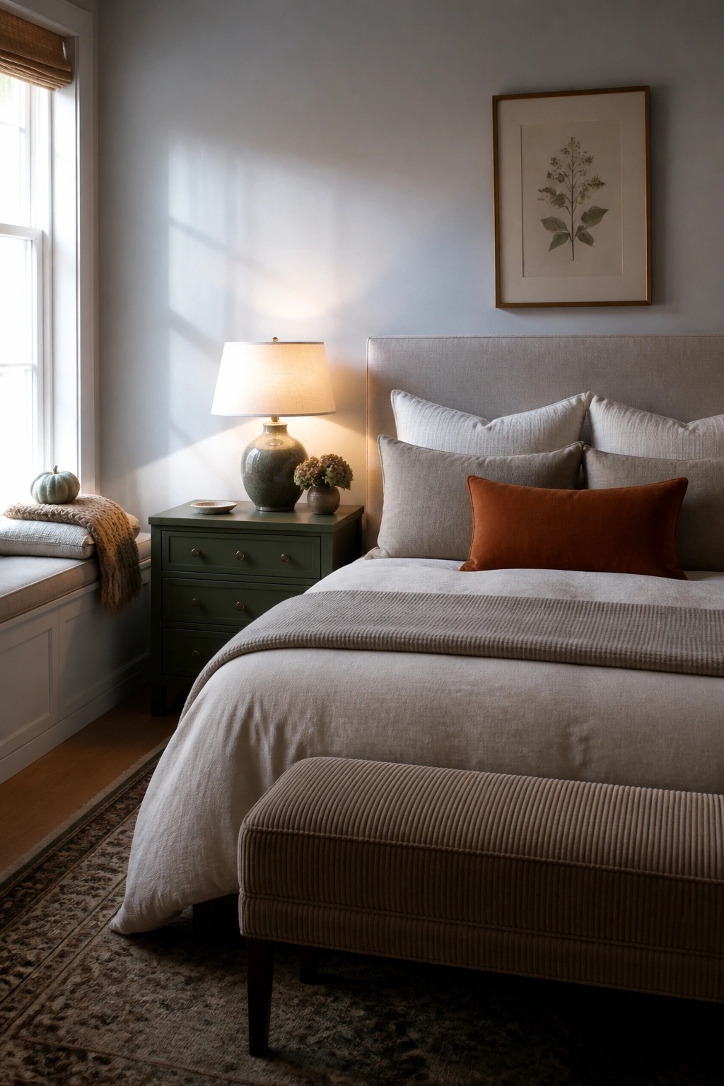 Cozy bedroom with beige bedding, rust pillow, green nightstand, lit lamp, and botanical art.